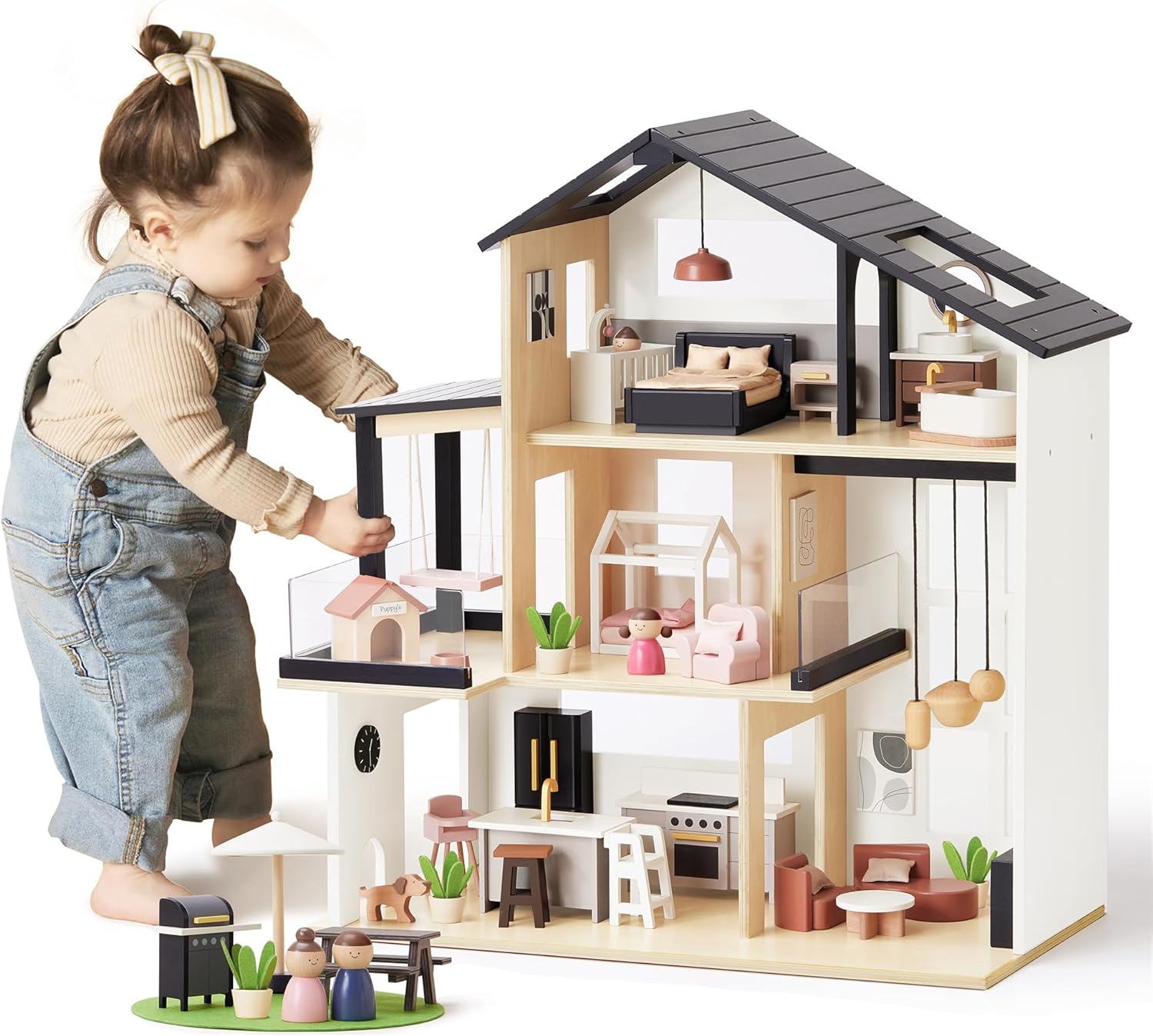 Tiny Land Doll House, Modern Family Dollhouse with Realistic Design, Wooden Dollhouse with 53Pcs Furniture - Ideal Gift for Kids Ages 3 