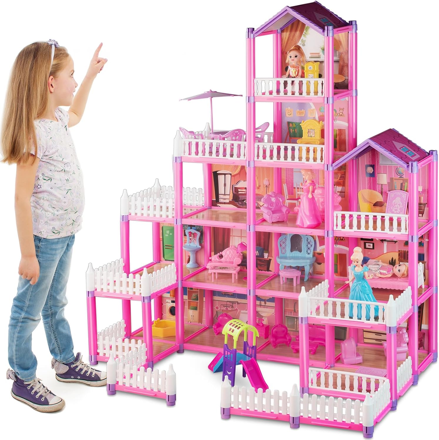 292-Piece Pink Princess Castle Dollhouse Playset with Dolls, Furniture & Accessories - For 3-10 Year Old Girls