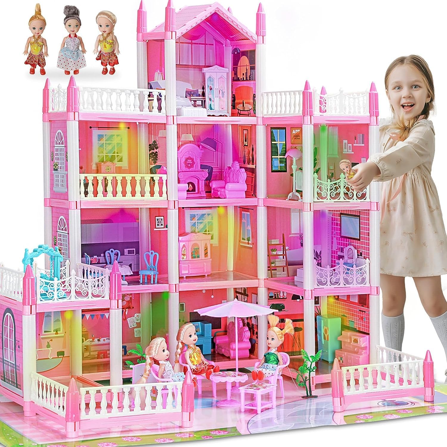 4 Stories Dollhouse for Girls, DIY Doll House Accessories Playhouse with Furniture and 11 Rooms, Pretend Play Dreamhouse with Lights for Kids, Portable Building Dolls Playset Toys Kit Gift for Ages 6 