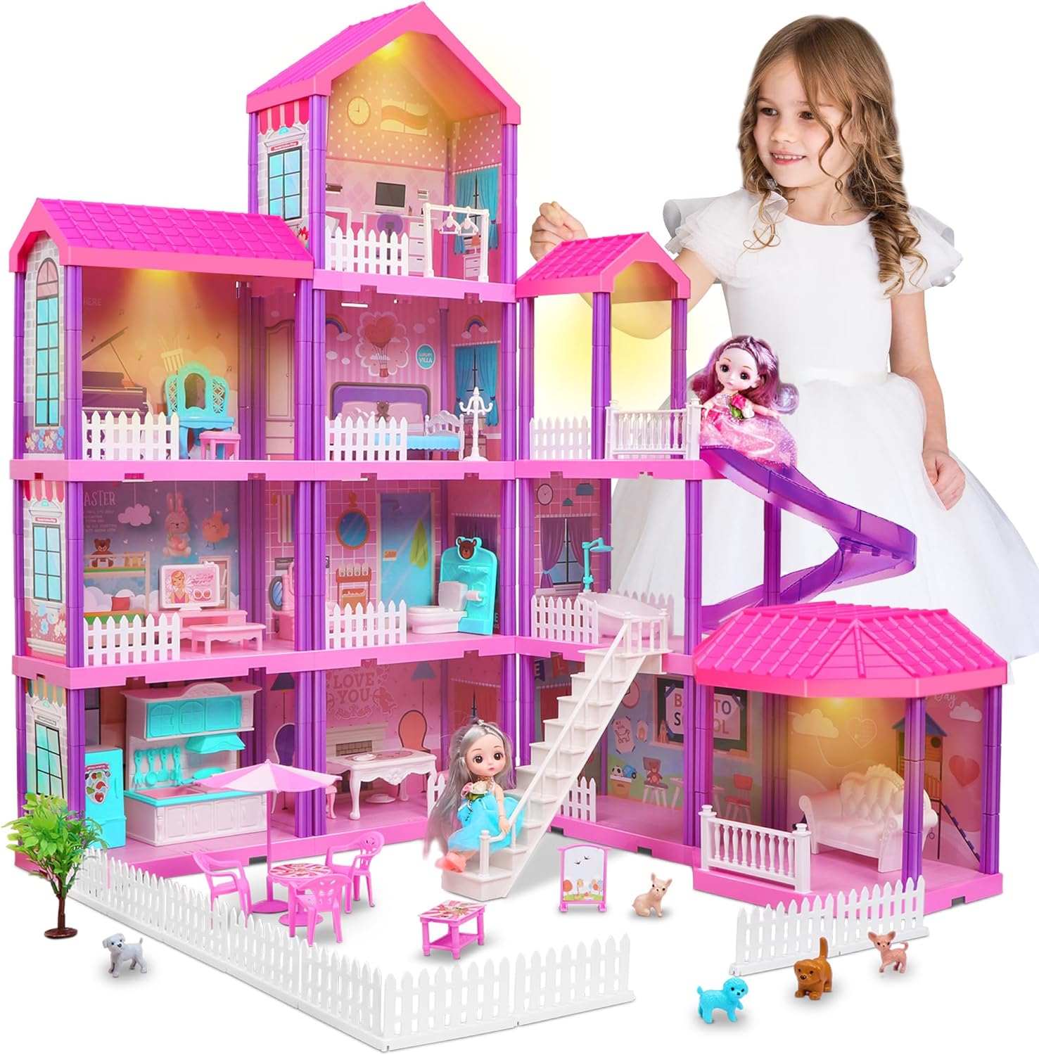 beefunni Doll House, 4 Stories 11 Rooms Dollhouse for Girls with 2 Dolls Furniture & Accessories, Dollhouse 4-5 Year Old, Doll House 2023 Christmas New Gifts for 3 4 5 6 7 8  Year Old Girls Toys