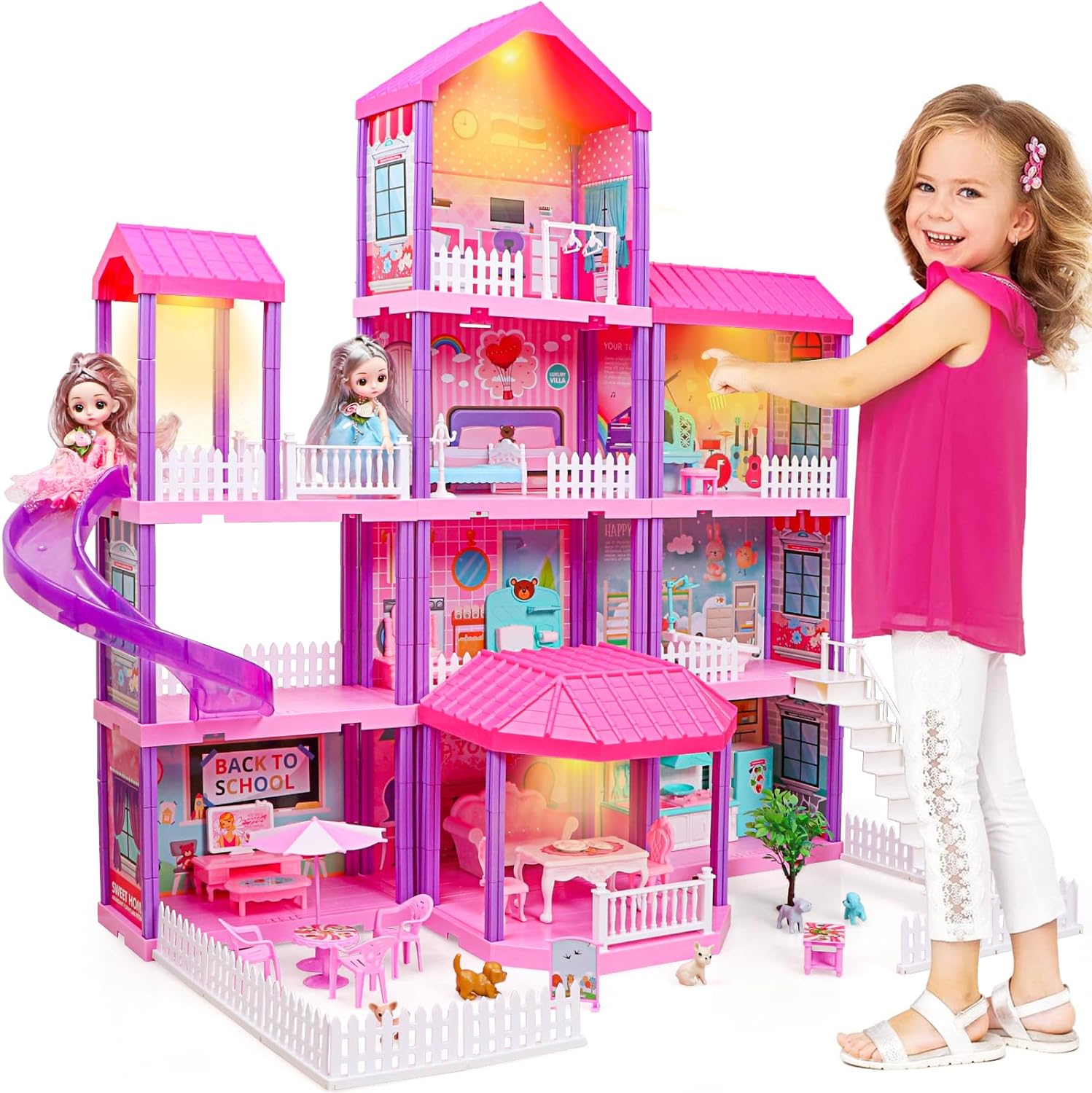 beefunni Doll House, Dream Dollhouse for Girls Toys w/ 4 Stories -11 Rooms, Doll House 4-5 Year Old w/ 2 Dolls & Furniture, Princess Dollhouse 2023 Christmas Toy Gifts for 3 4 5 6 7 8  Year Old Girls