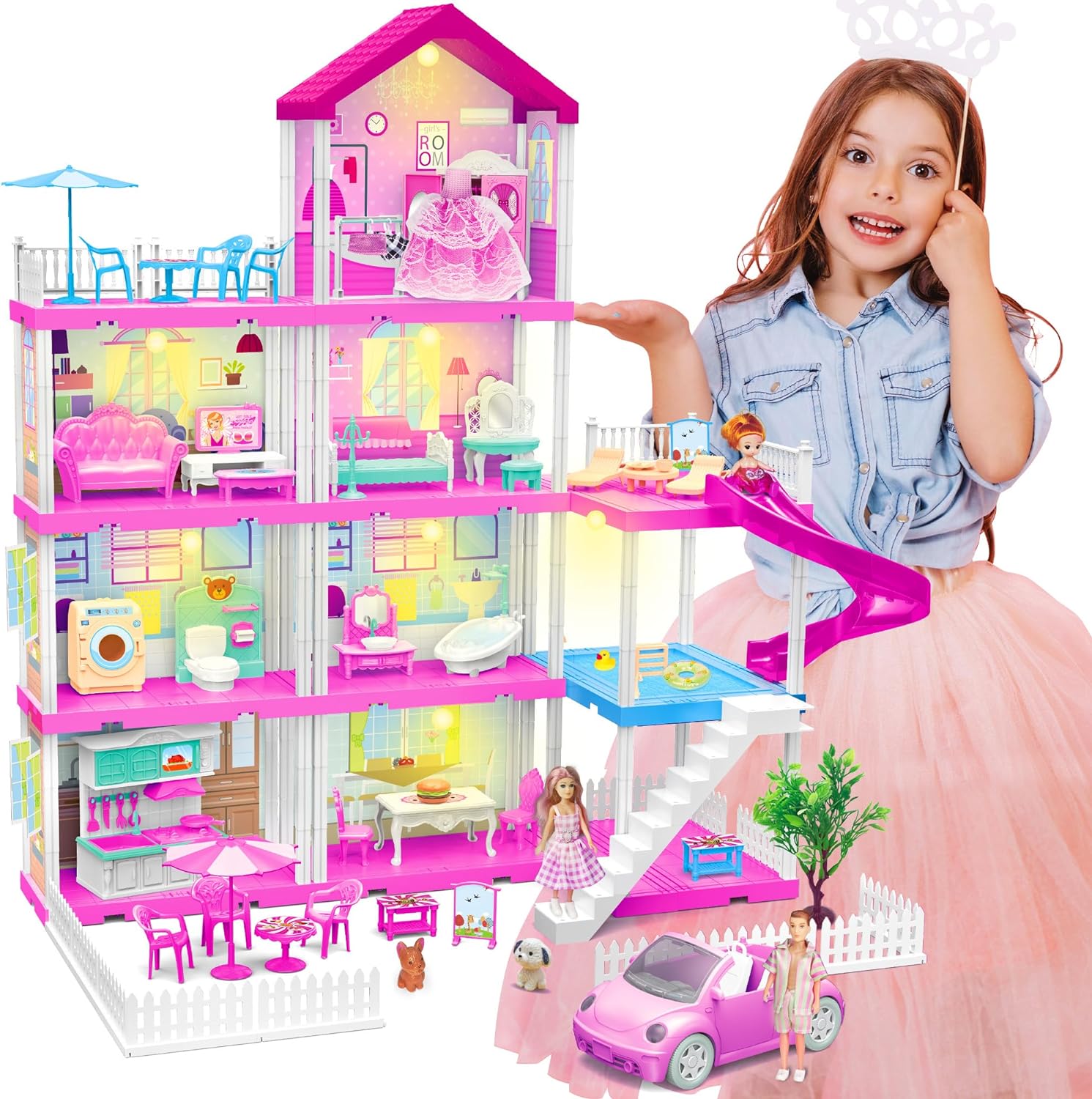 Doll Houses for Girls, Dream Doll House with LED for 7-8 Year Old, 4-Story 7 Rooms with 3 Doll Toy Figure and Furniture & Accessories, Pool Party Doll House, Toy Gifts for Kids Ages 3 4 5 6 7 8 9 