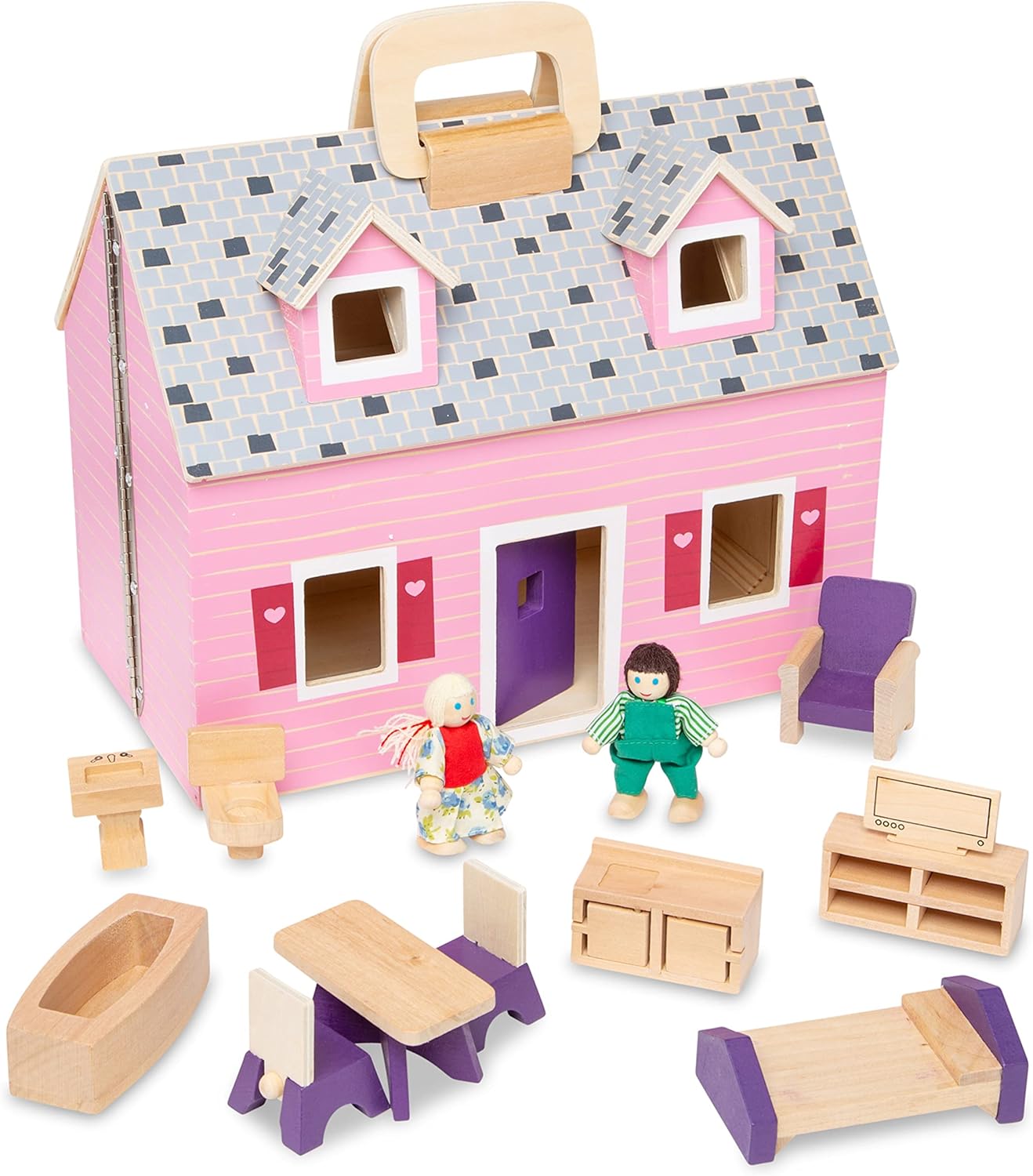 Melissa & Doug Fold and Go Wooden Dollhouse With 2 Dolls and Wooden Furniture,Multi,One Size