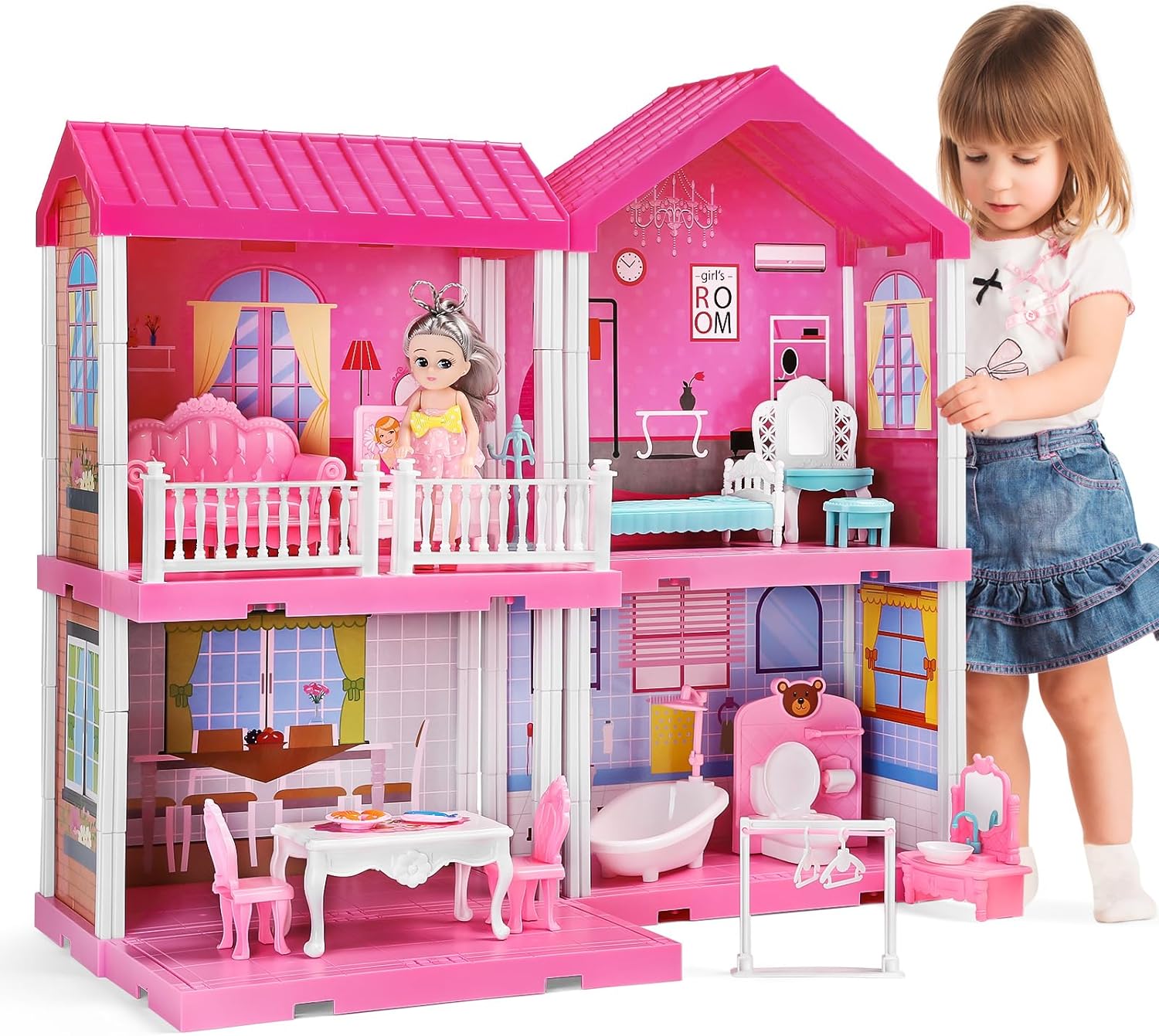 TEMI Dream Dollhouse Girls Pretend Toys - Doll Figure with Furniture, Accessories, Stairs, Pets and Dolls, DIY Cottage Pretend Play Doll House, for Toddlers, Boys & Girls