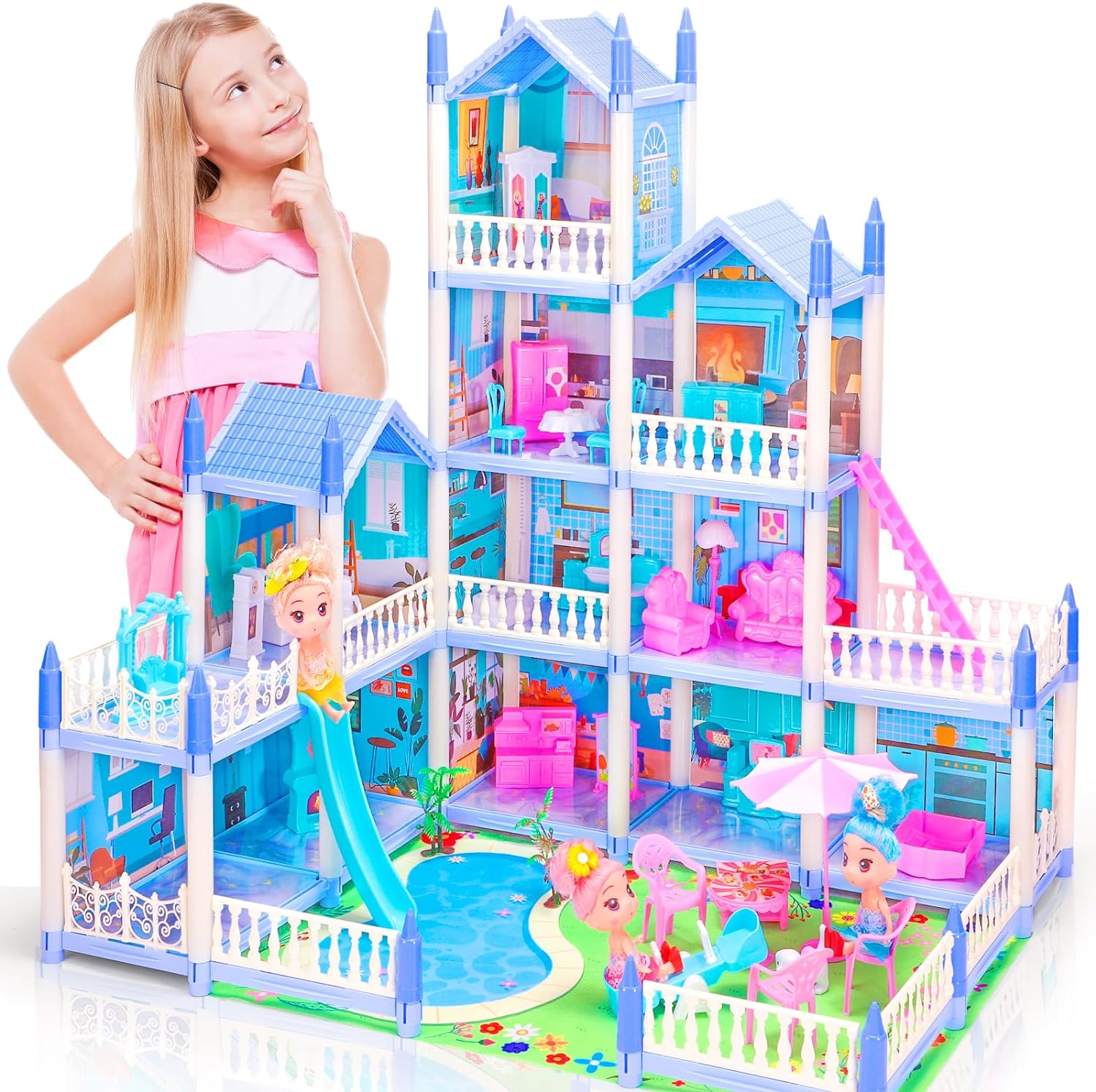 Dream Doll House, 4-Story 11 Rooms Pool Party Dreamhouse, Princess Dollhouse Playset with Furniture, Toddler Play-House Toy for 3 4 5 6 7 8 9 10 Year Old Girls - Blue