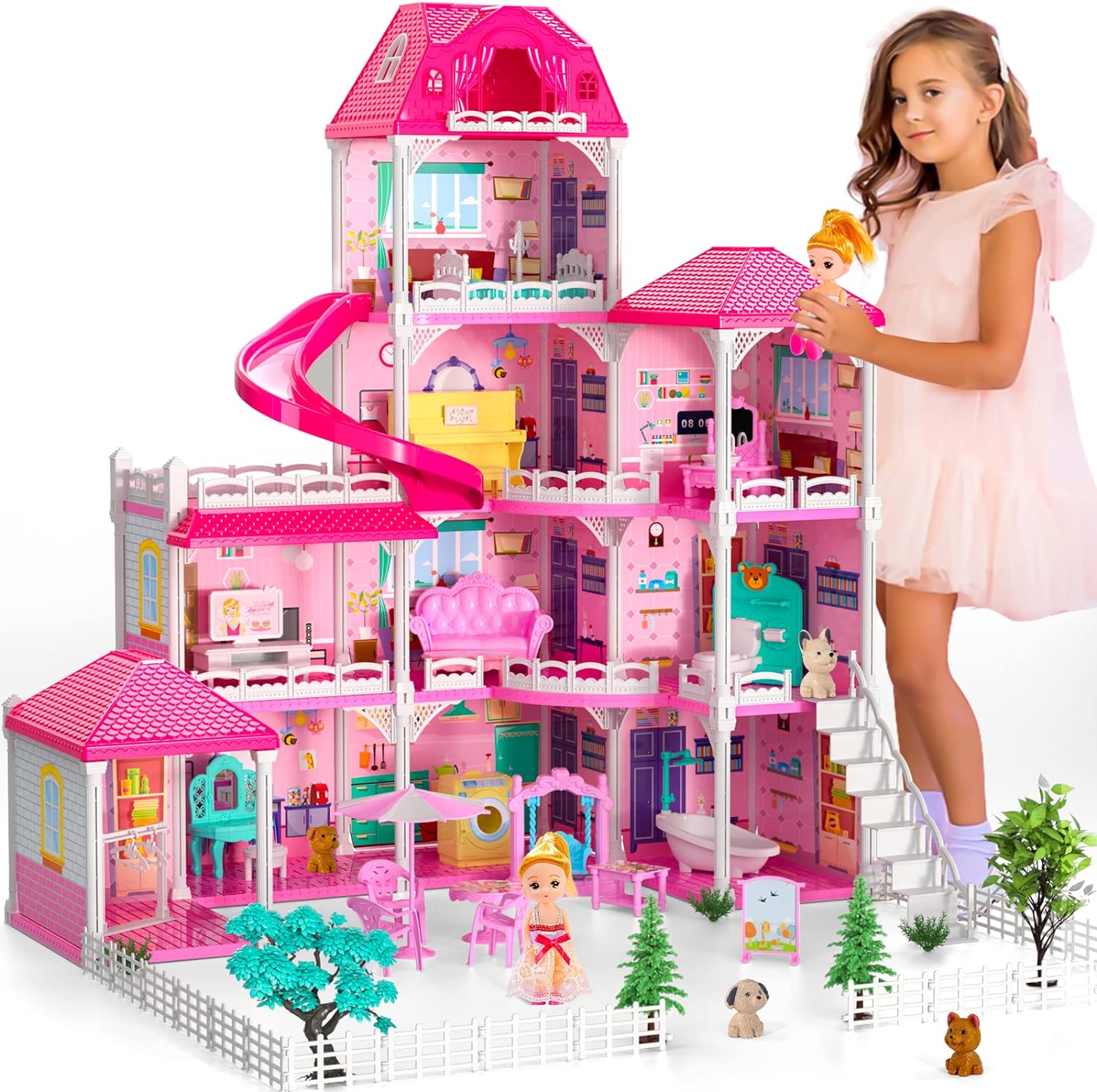 Doll House, Dream Doll House Furniture Pink Girl Toys, 4 Stories 10 Rooms Dollhouse with 2 Princesses Slide Accessories, Toddler Playhouse Gift for for 3 4 5 6 7 8 9 10 Year Old Girls Toys