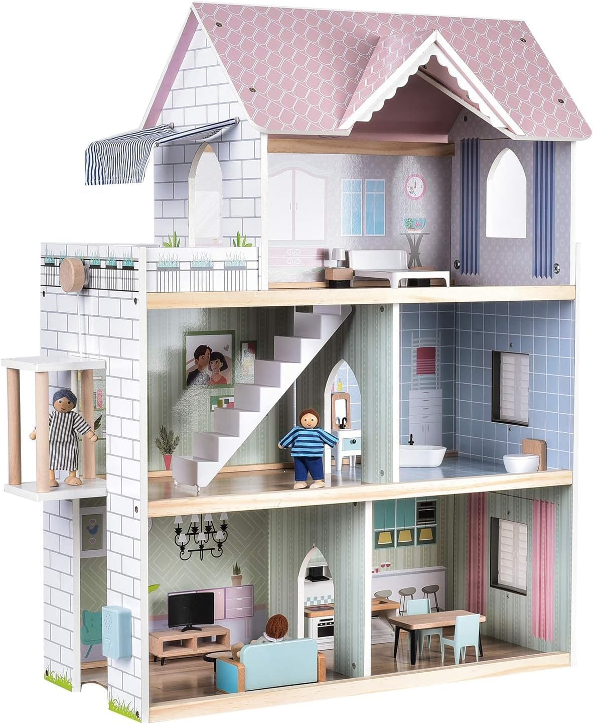 Giant bean Wooden Dollhouse 2.6 feet High with Elevator, Doorbell, Light,15 Pieces Furnitures and 3 Dolls, Toy Gift for Girls Ages 3-7 