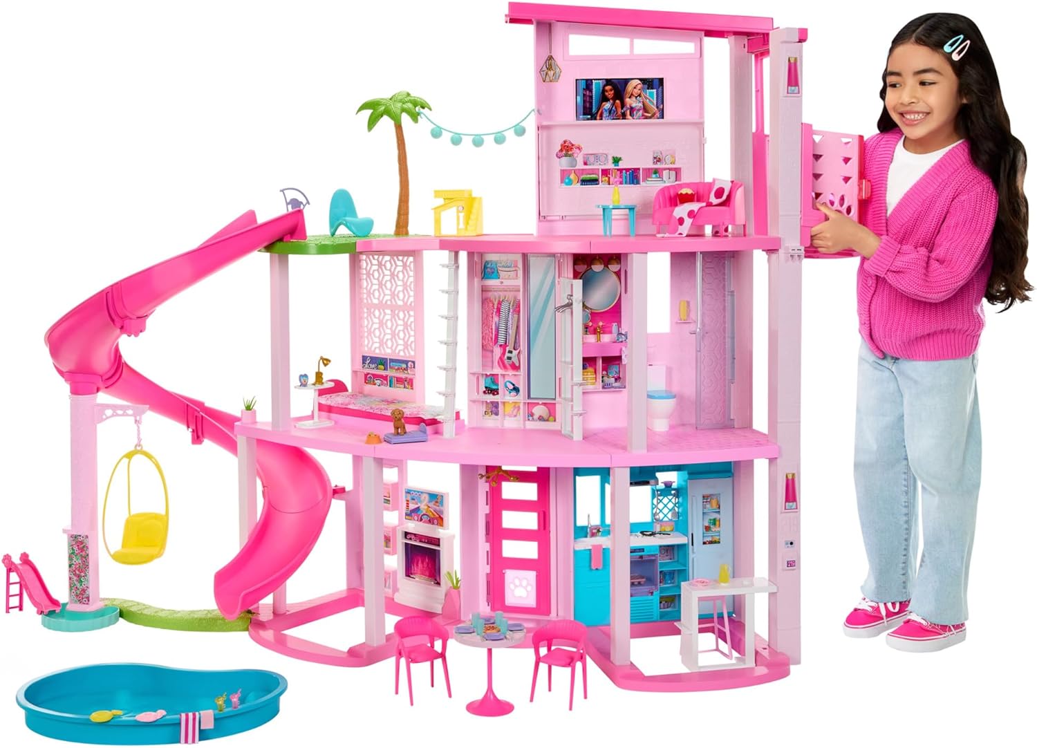 Barbie DreamHouse Doll House with 75  Pieces Including Furniture & 3-Story Pool Slide, Pet Elevator & Puppy Play Areas