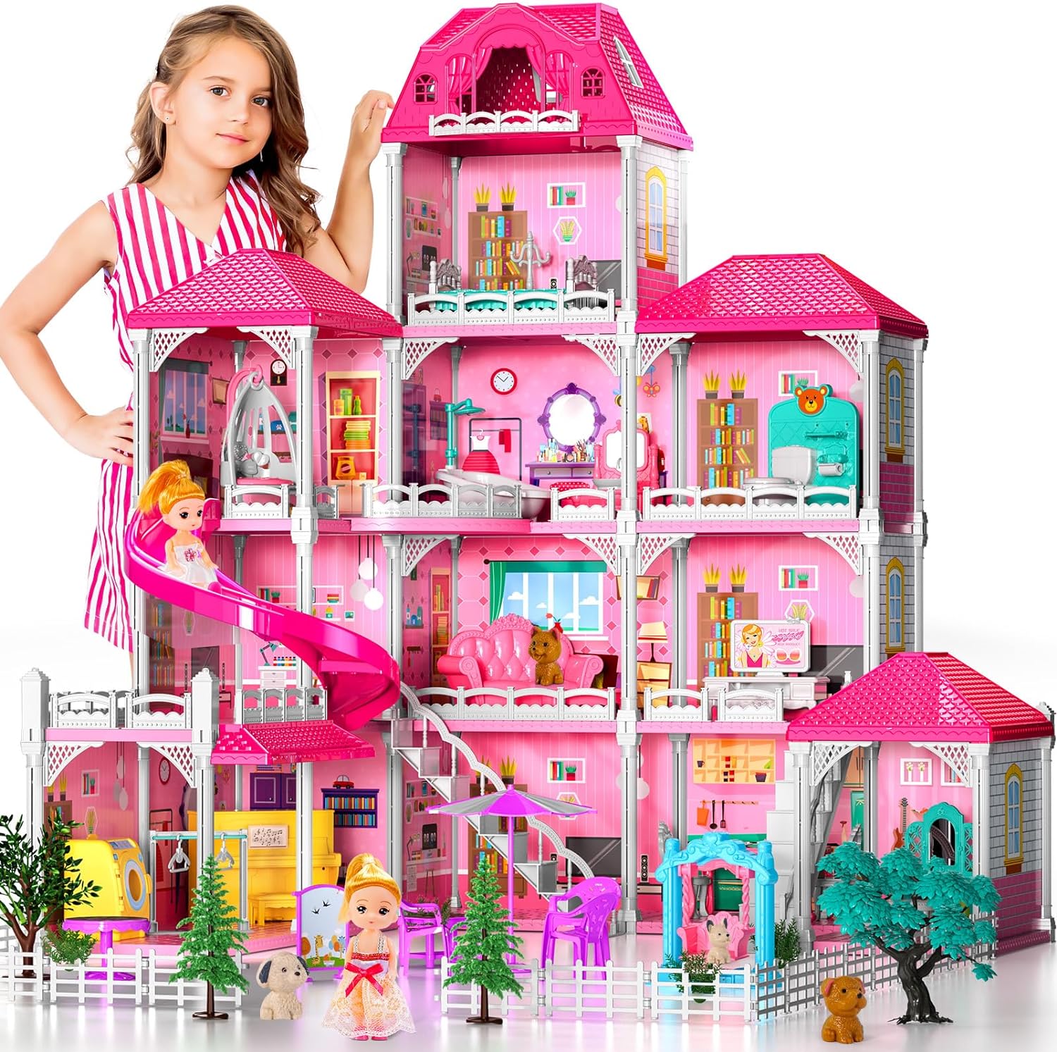 TEMI Doll House Girls Toys - 4-Story 12 Rooms Playhouse with 2 Dolls Toy Figures, Fully Furnished Fashion Dollhouse, Pretend Playhouse with Accessories, Gift Toy for Kids Ages 3 4 5 6 7 8 