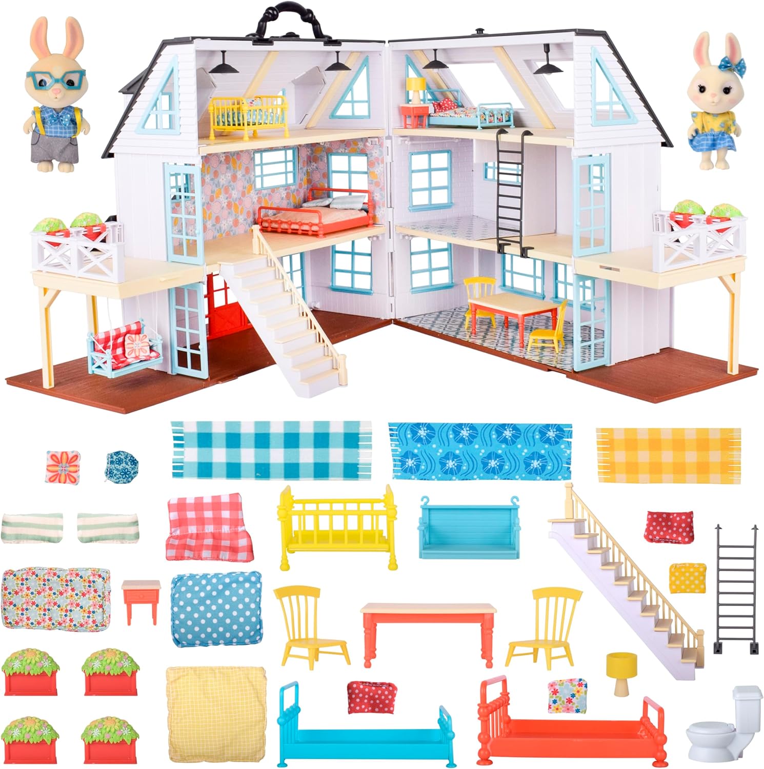 Sunny Days Entertainment Honey Bee Acres Buzzby Farmhouse  49 Furniture Accessories with 2 Exclusive Figures | 15 Inch Dollhouse Playset | Pretend Play Toys for Kids