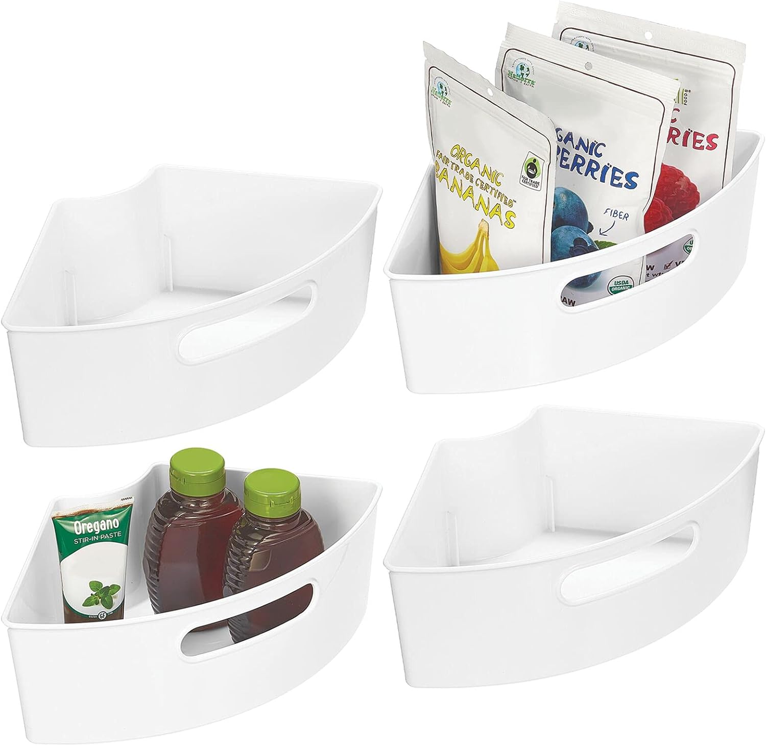 mDesign Plastic Lazy Susan Cabinet Storage Bin with Front Handle for Kitchen Countertop, Pantry, Shelf, Fridge Organization - Hold Food, Drinks, Snacks - Ligne Collection - 4 Pack - White