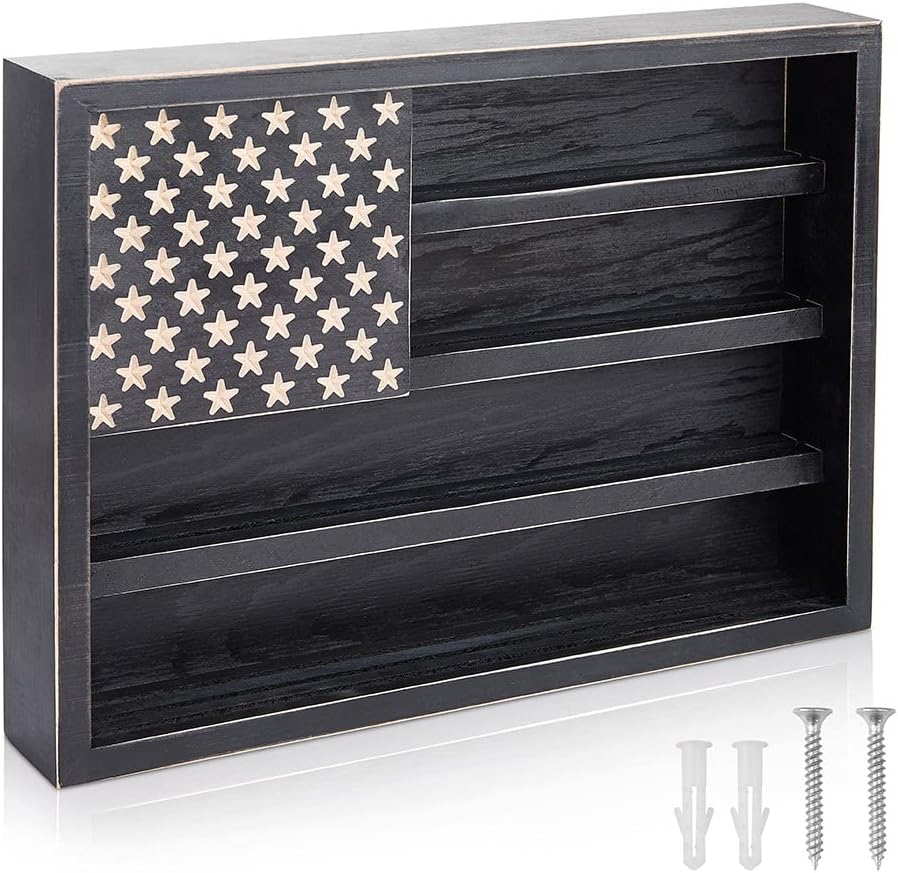 Challenge Coin Display Frame, Coin Holder Wooden American Flag Wall Decor, Government Military Challenge Coin Rack Display Medal Display Case