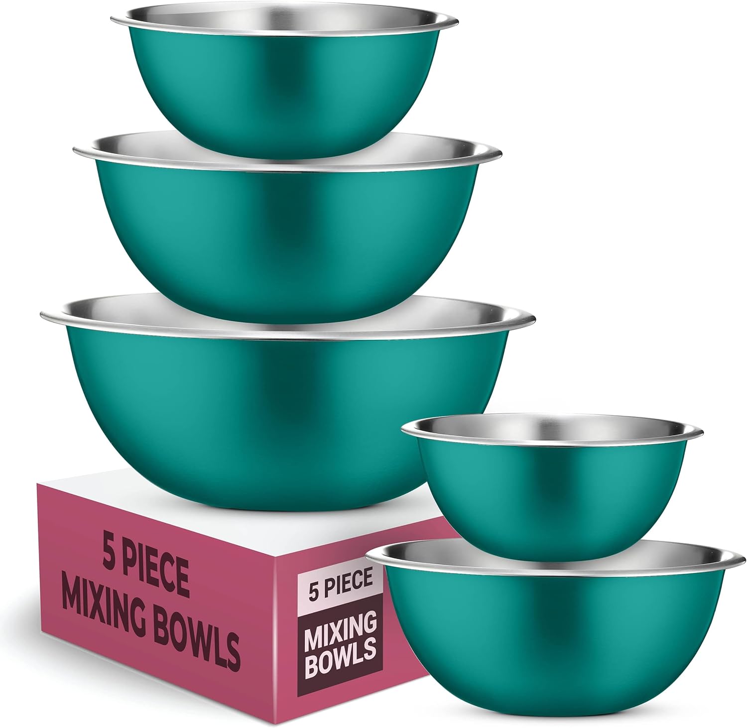 FineDine Stainless Steel Mixing Bowls (Set of 5) Stainless Steel Mixing Bowl Set - Easy To Clean, Nesting Bowls for Space Saving Storage, Great for Cooking, Baking, Prepping