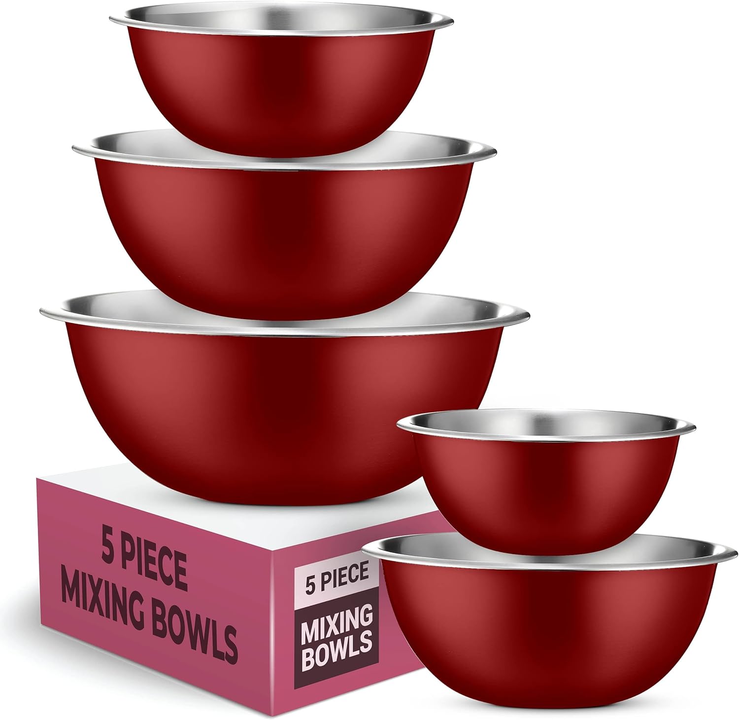 FineDine Stainless Steel Mixing Bowls (Set of 5) Stainless Steel Mixing Bowl Set - Easy To Clean, Nesting Bowls for Space Saving Storage, Great for Cooking, Baking, Prepping