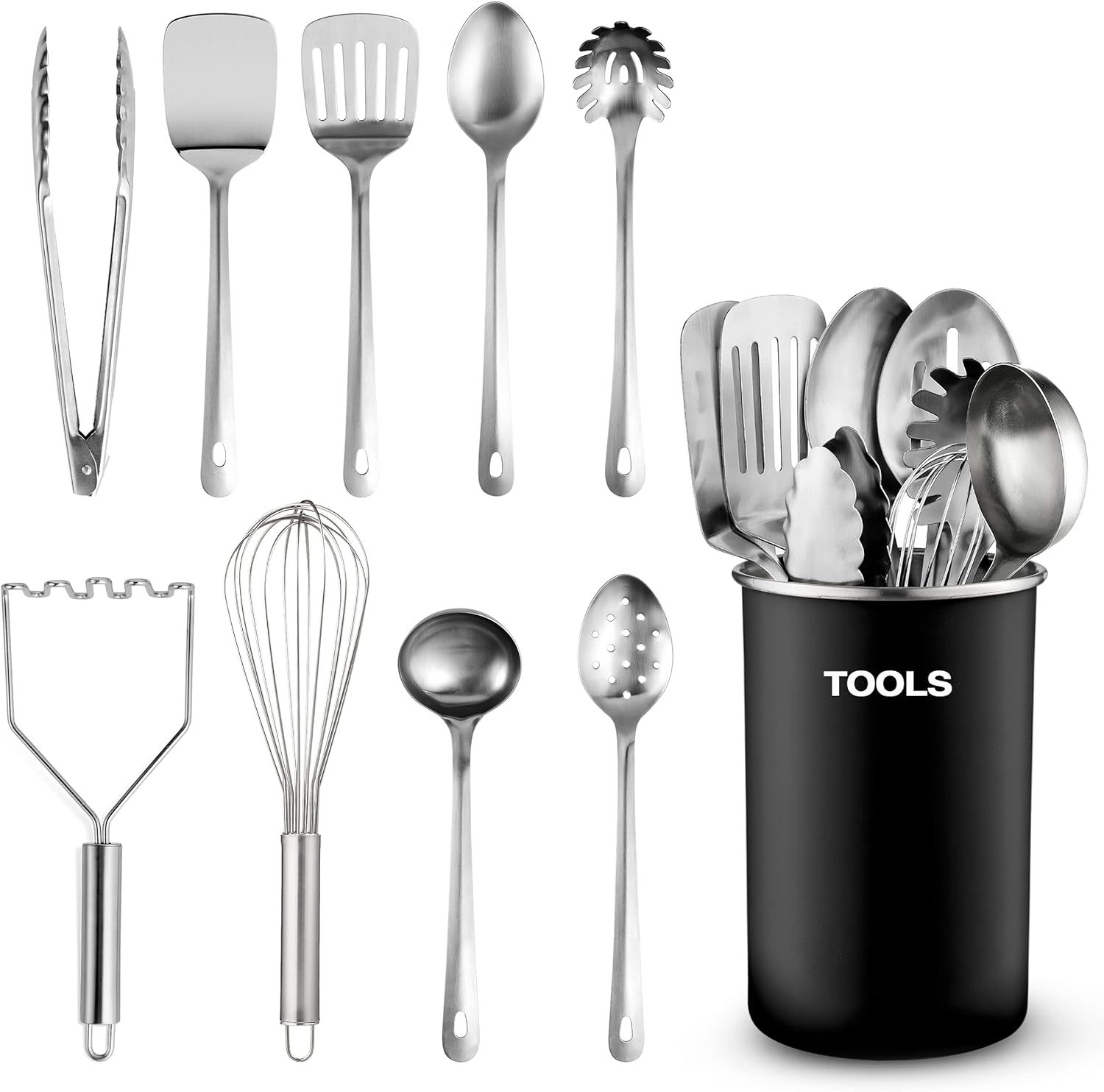 Stainless-Steel Kitchen Utensil Set - 10-piece premium Nonstick & Heat Resistant Kitchen Gadgets, Turner, Spaghetti Server, Ladle, Serving Spoons, Whisk, Tongs, Potato Masher and Utensil Holder