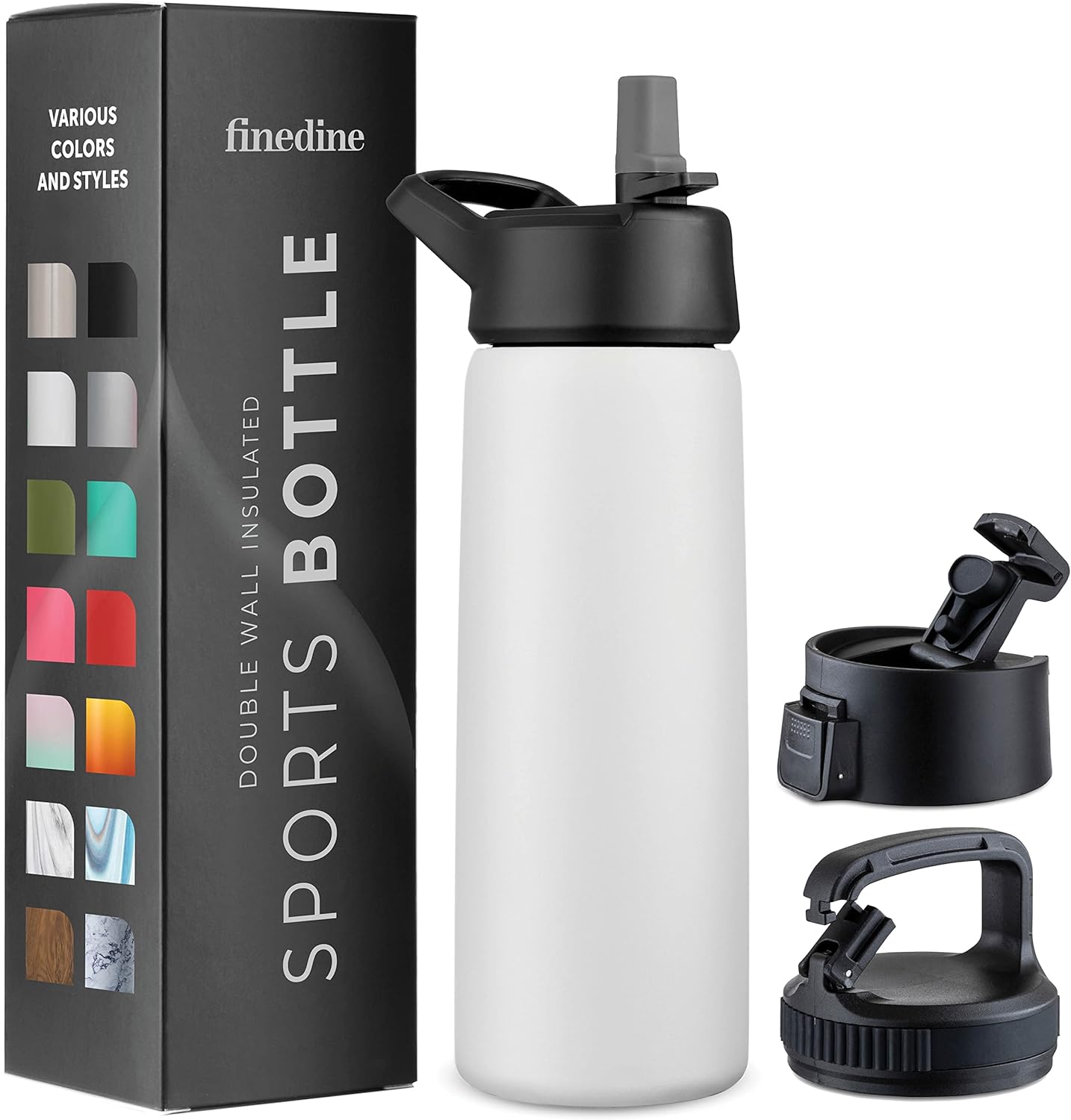 FineDine Triple Walled, Insulated Water Bottles with Straw - 25 Oz Stainless Steel Metal Bottle W/ 3 Leak Proof Lids - For Travel, School, Sports, Gym/Men, Women & Kids - Pure Pearly White