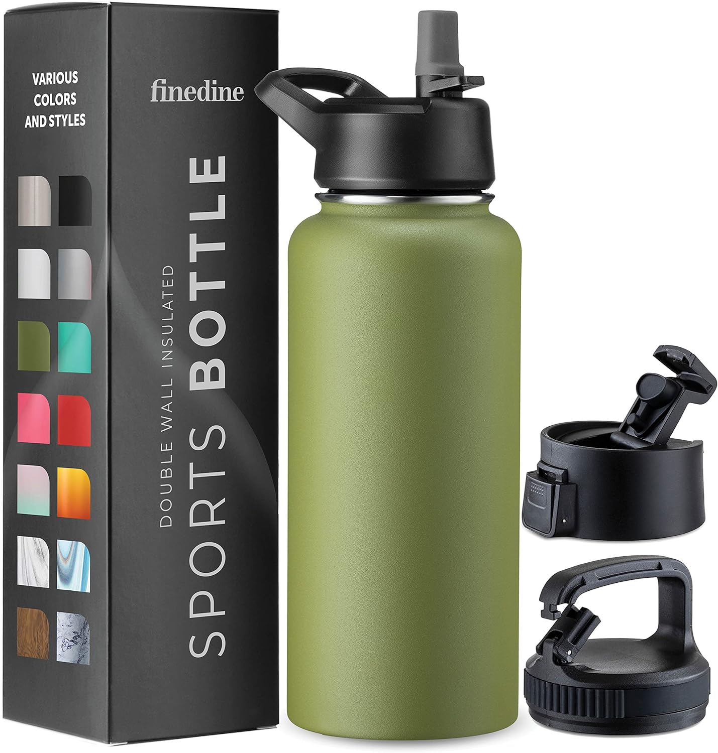 FineDine Triple Walled, Insulated Water Bottles with Straw - 32 Oz Stainless Steel Metal Bottle W/ 3 Leak Proof Lids - For Travel, School, Sports, Gym/Men, Women & Kids - Army Green