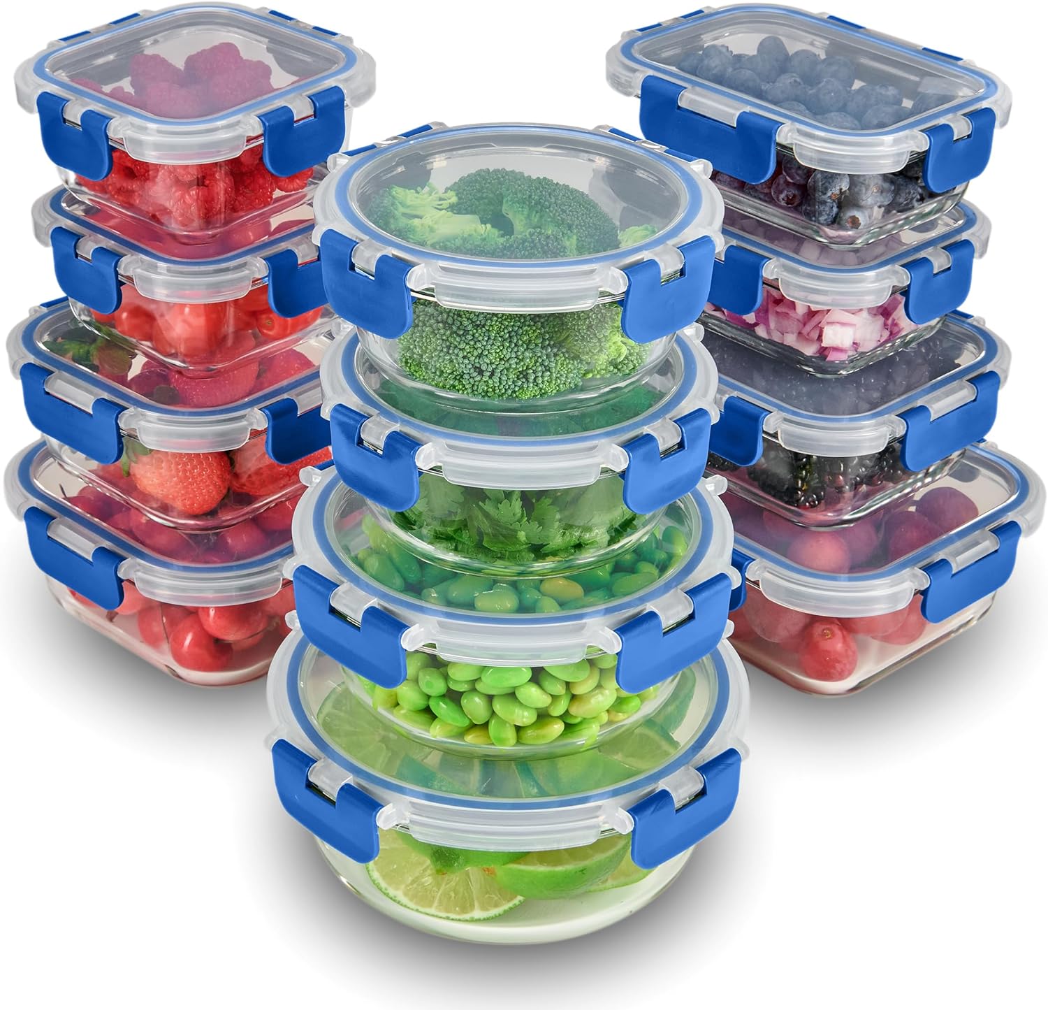 FineDine 24 Piece Glass Storage Containers with Lids - Leak Proof, Dishwasher Safe Glass Food Storage Containers for Meal Prep or Leftovers, Blue