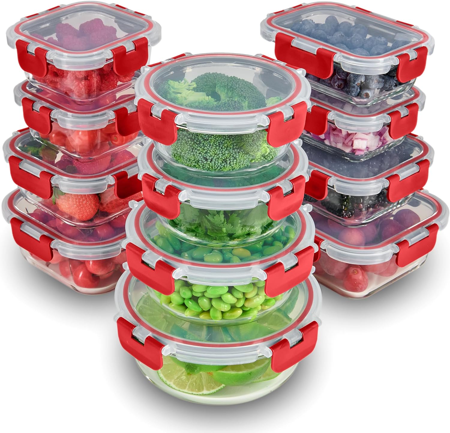 FineDine 24 Piece Glass Storage Containers with Lids - Leak Proof, Dishwasher Safe Glass Food Storage Containers for Meal Prep or Leftovers, Red