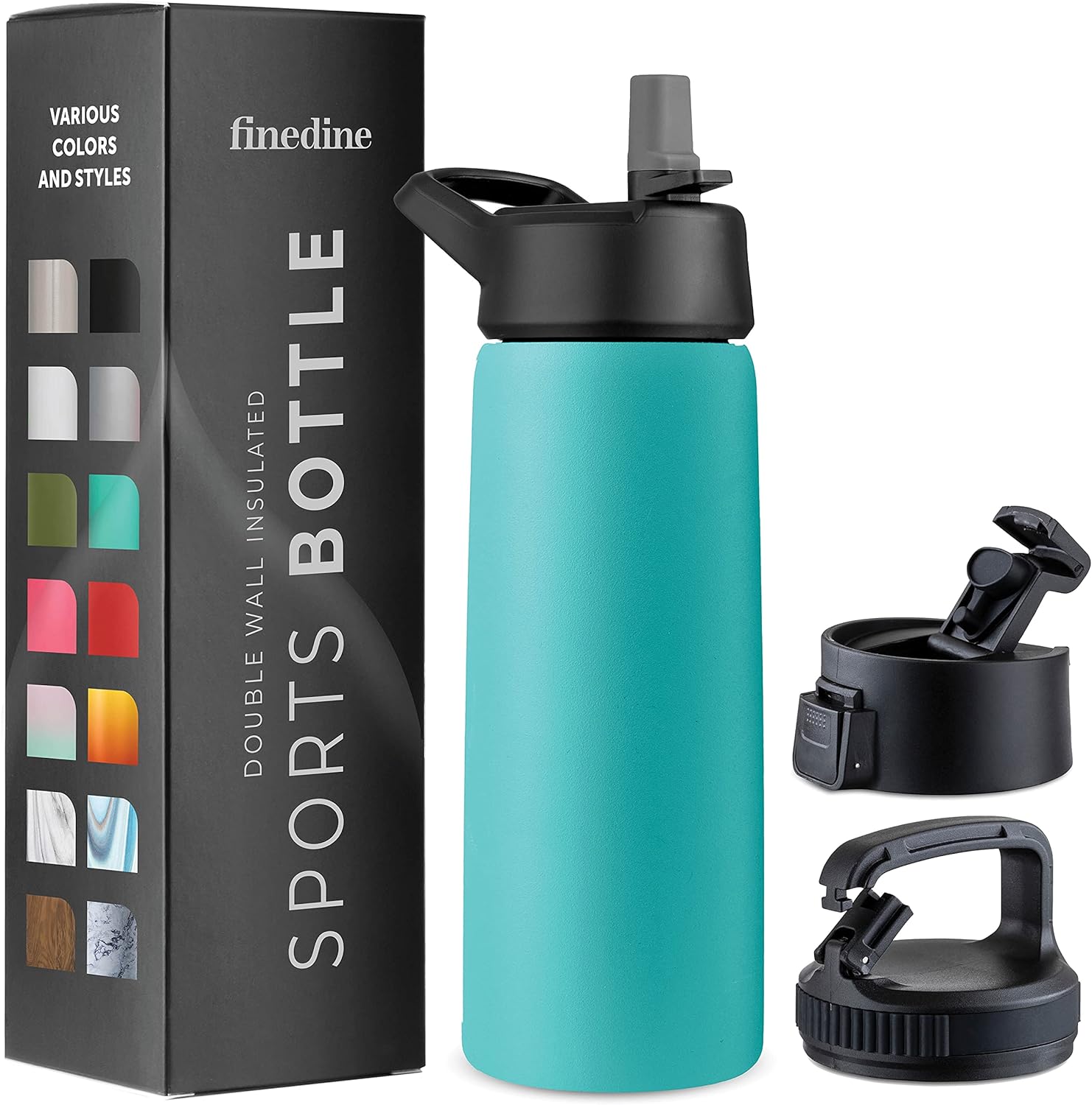 FineDine Triple Walled, Insulated Water Bottles with Straw - 25 Oz Stainless Steel Metal Bottle W/ 3 Leak Proof Lids - For Travel, School, Sports, Gym/Men, Women & Kids - Cheery Turquoise