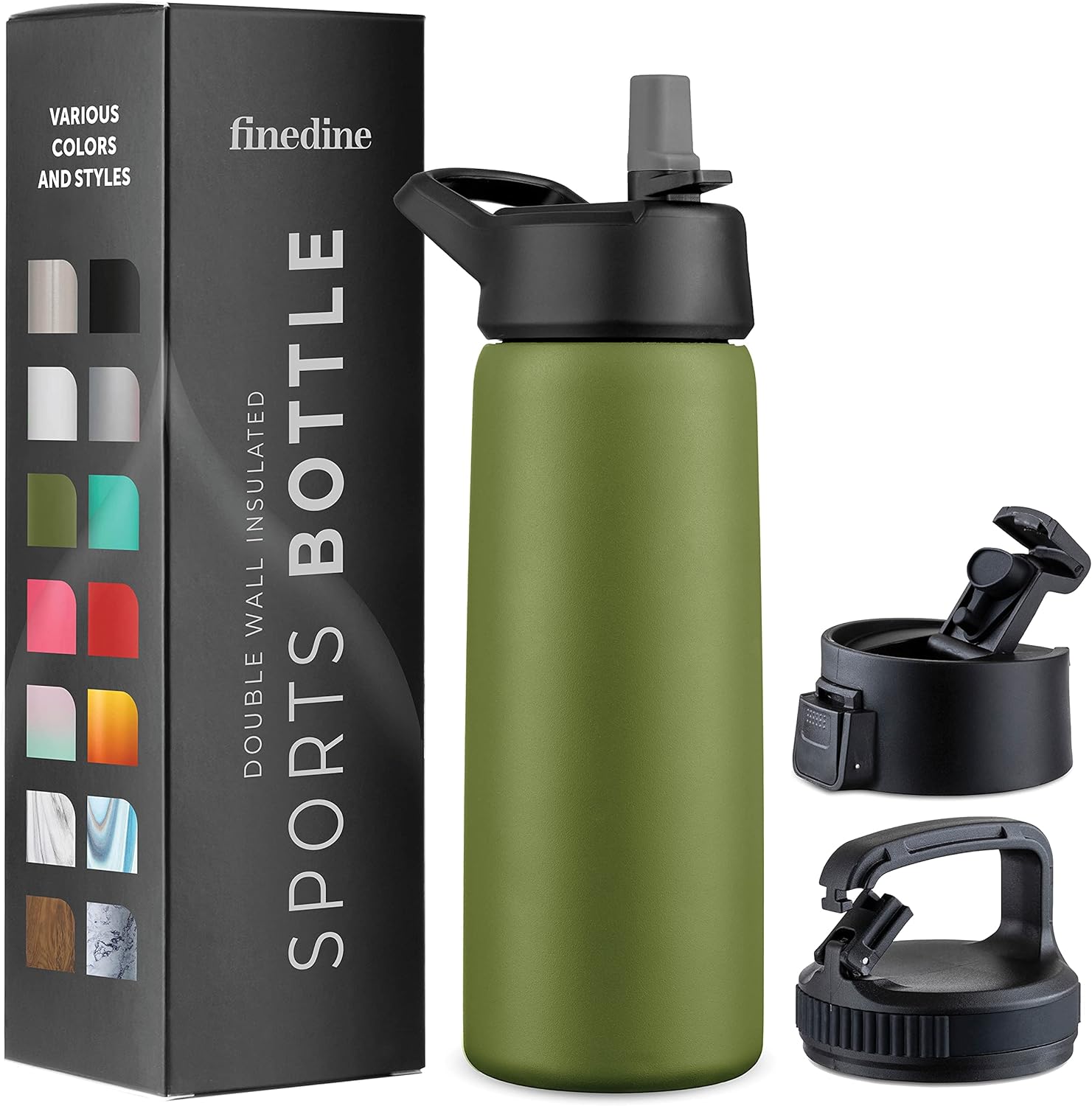 FineDine Triple Walled, Insulated Water Bottles with Straw - 25 Oz Stainless Steel Metal Bottle W/ 3 Leak Proof Lids - For Travel, School, Sports, Gym/Men, Women & Kids - Army Green