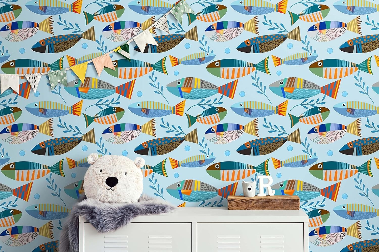Fish Print, Fish Art, Underwater Fish Wallpaper Peel and Stick Wall Mural Colorful Tropical Fish Pattern. Sea Life Wallpaper. #6540 (Small Sample to Try)