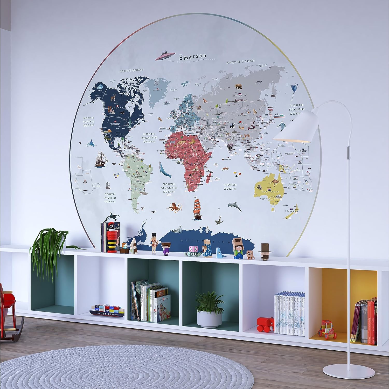 Colorful V Animal World Map Wallpaper for Kids Educational Augmented Reality Based Removable Nursery Wall Mural Peel and Stick Nonwoven 80in Round - Peel Stick Paper