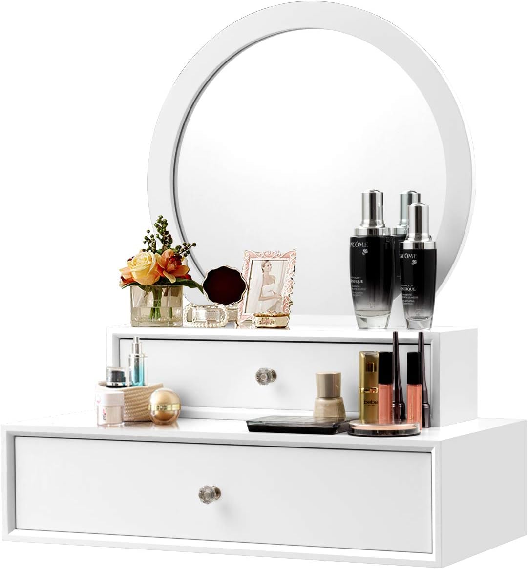 This Vanity is a nice small wall mount set.The finish, white, is clean, looks good and seems durable. The unit comes mostly assembled, only the mirror and drawer knobs must be set right. The knobs simply need to be turned around. The Mirror gets bolted to the back of the smaller drawer. The hardware is included and the method of attachment is simple and sturdy.Mounting this to the wall, starts with a bar cleat for the larger drawer. It uses 3 screws, provided. Also provided were plastic anchor