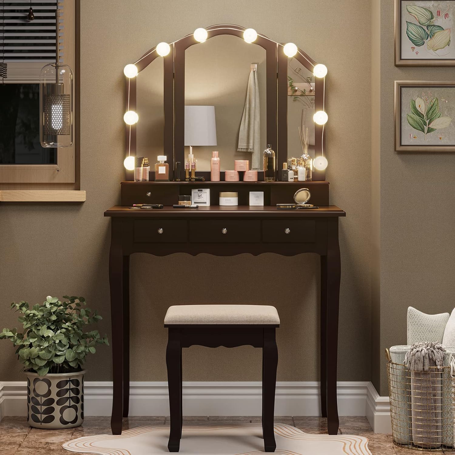 This is a great vanity especially at the price point of $85 when I ordered! It was easy to put together, just a little time consuming. The directions are pictures only, but if you take your time and use common sense they are easy to follow. I strongly recommend sticking one light at a time and wrapping the extra cord around the base of the bulbs as you go so you can keep the wires nice and tight. I saw some other review photos and the wires are just hanging. That would drive me crazy and it look