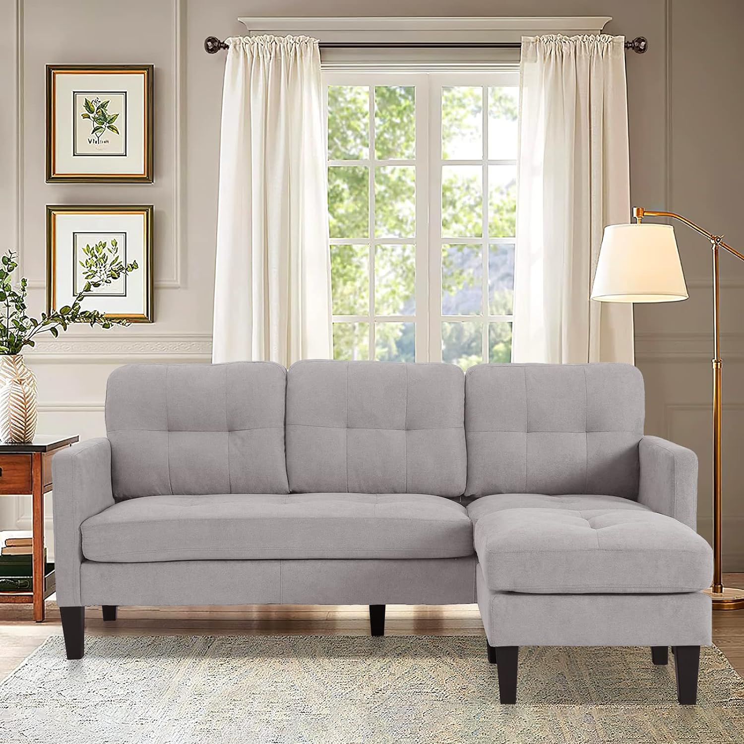 Grepatio Convertible Sectional Sofa Couch, 3 Seat L-Shaped Couch Sofabed with Modern Linen Fabric for Small Space Livingroom (Light Grey)