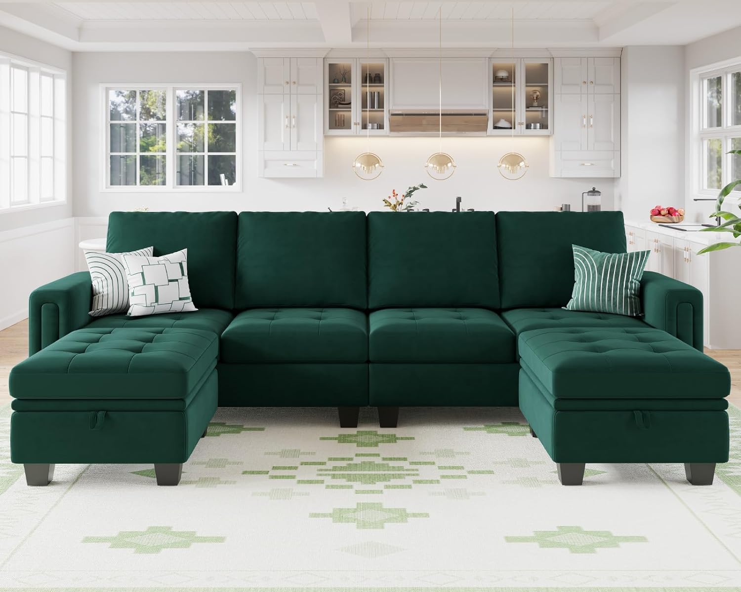 Belffin Velvet U Shaped Sectional Sofa Couch with Storage Ottoman Convertibel Sectional Sofa with Reversible Chaises Green