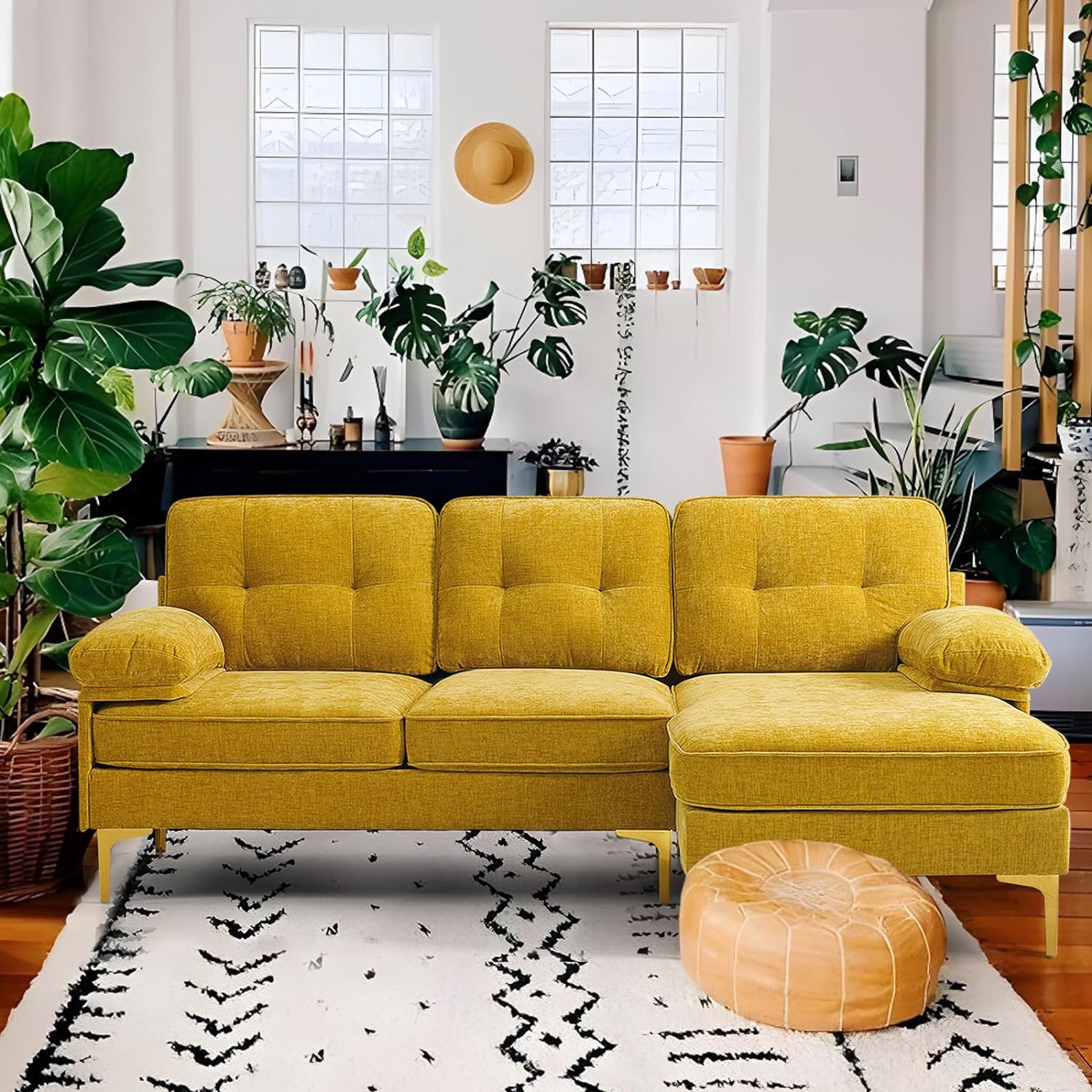 82 Sectional Couch w/Chaise Sleeper, Chenille Small L Shape Sofa Couch, Sofa with Chaise Mid-Modern Century Couch with Removable and Washable Cushions (Yellow)