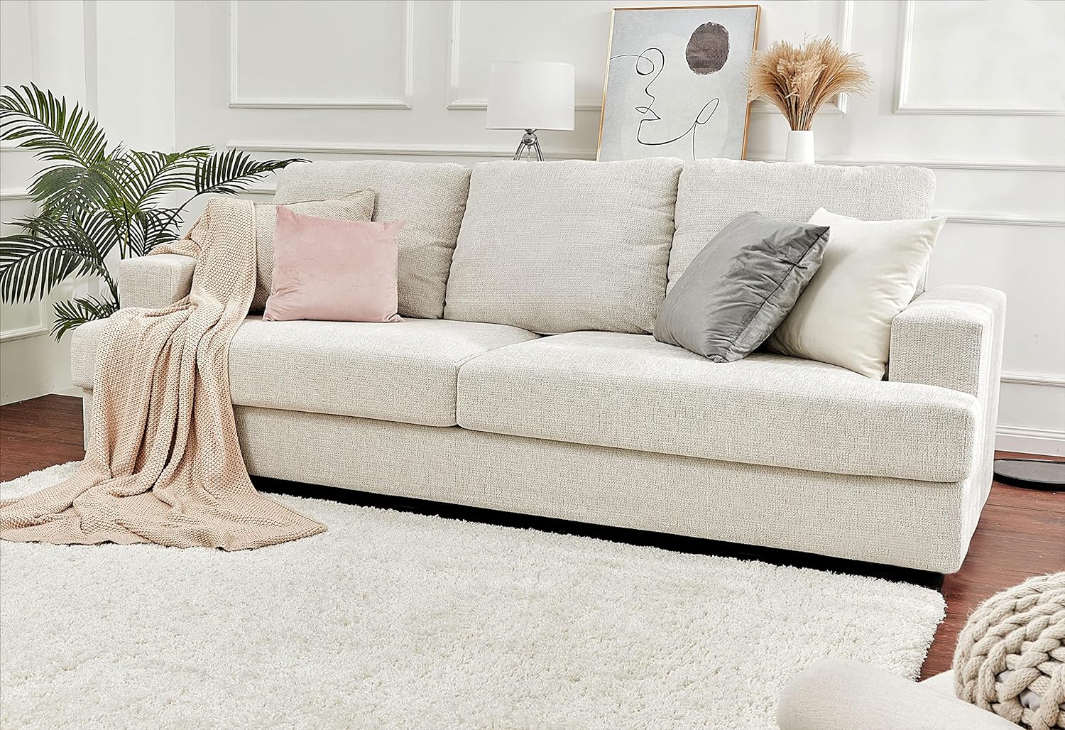 Deep Seat Comfy Sofa-Contemporary Chenille Sofa Couch, 3 Seater Sofa for Living Room-Oversized, Beige