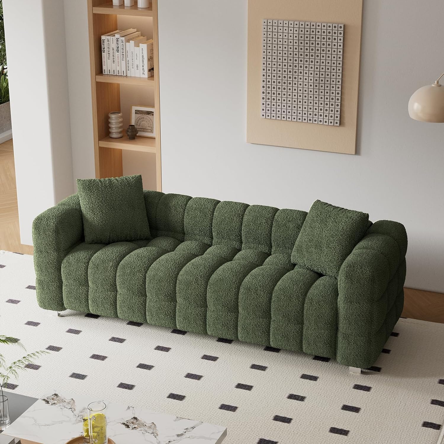 Dolonm Modern Sofa Couch with Metal Legs Upholstered Tufted 3 Seater Couch with 2 Pillows Decor Furniture for Living Room, Bedroom, Office, 80 Inch Wide(Green-Teddy)