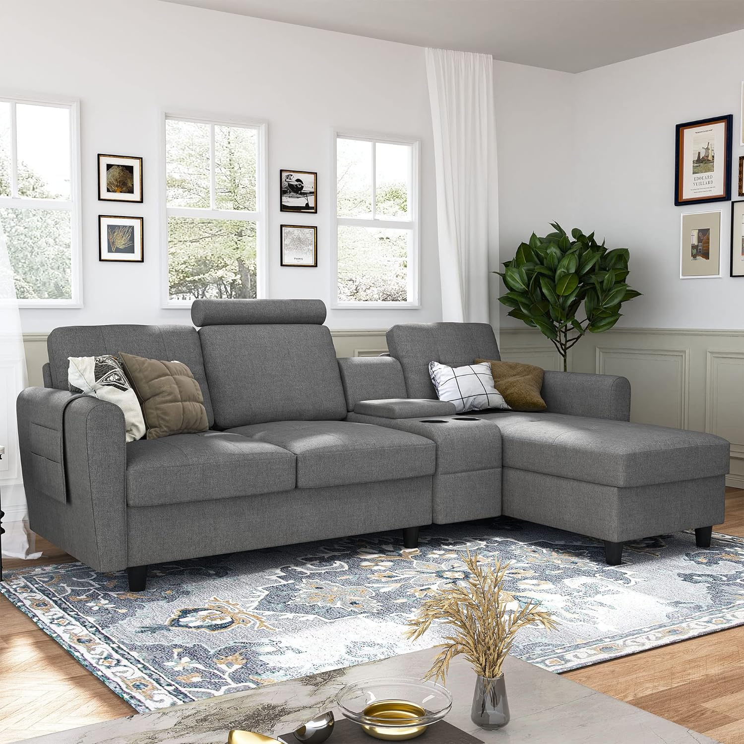 HONBAY Reversible Sectional Sofa Couch Modern Upholstered L Shaped Sofa with Cup Holders & Storage Console, Left or Right Side Chaise Sectional Sofa for Living Room Office, Grey