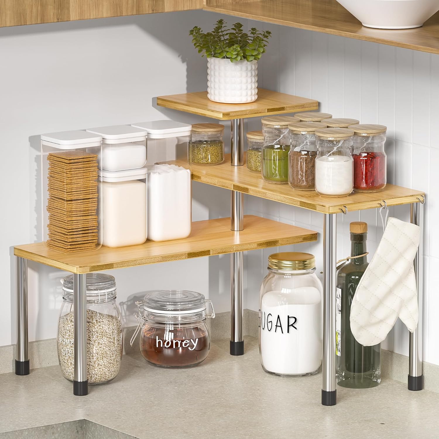I have been looking for something for storage in the corner on my kitchen counter. This works perfectly. It was easy to put together, even I had no trouble doing it. It doesn't take up much space, and has really neatened up my counter top. So glad I bought it.