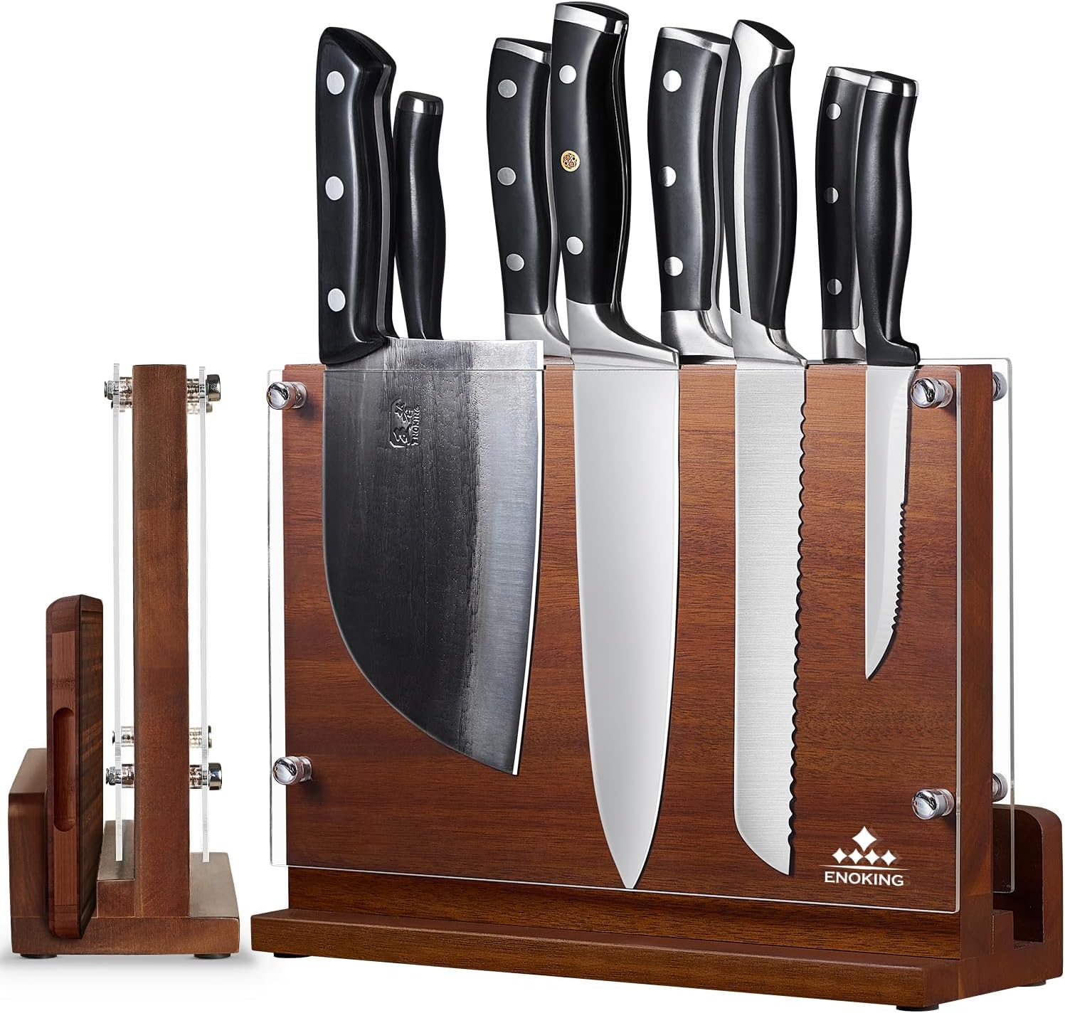 This knife block is attractive and well built. It is heavy, sturdy, and stable. It is an attractive display for knives and provides easy access to them. The knives are held in place by magnets and acrylic sheets. One cannot knock the knives off accidentally. Knives can be stored on both sides of the wooden block, doubling the capacity. I have five knives on one side, and four on the back with the cleaver taking up most of the space. The acrylic sheet cannot come off for cleaning, hence the four-