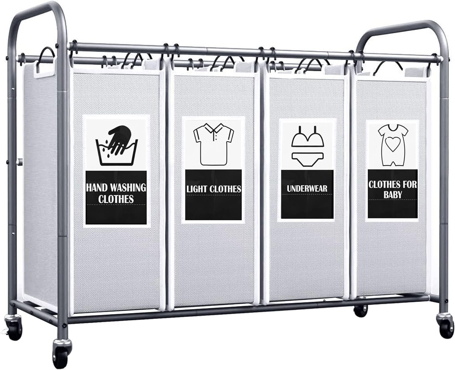 Heavy duty and works perfectly. It has wheels so you could move it from room to room on your way to the laundry. It comes with 6 printed signs but you could turn them over write own.