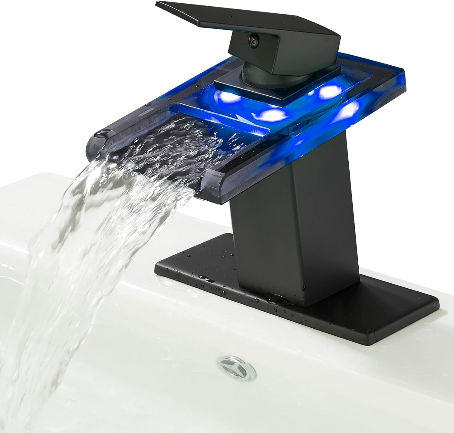 LED Bathroom Sink Faucet Matte Black, Waterfall Single Hole Handle RV Bath Vanity Faucets for Sinks 1 or 3 Holes 2 Water Supply Lines, Open Glass Spout