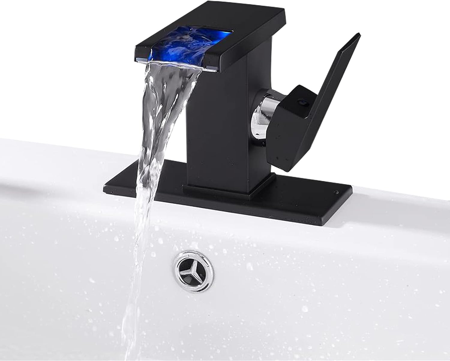LED Light Bathroom Faucet Waterfall Black One Hole Single Handle Faucet for Bathroom Sink Mount Vanity Faucet Lead-Free for Commercial Residential