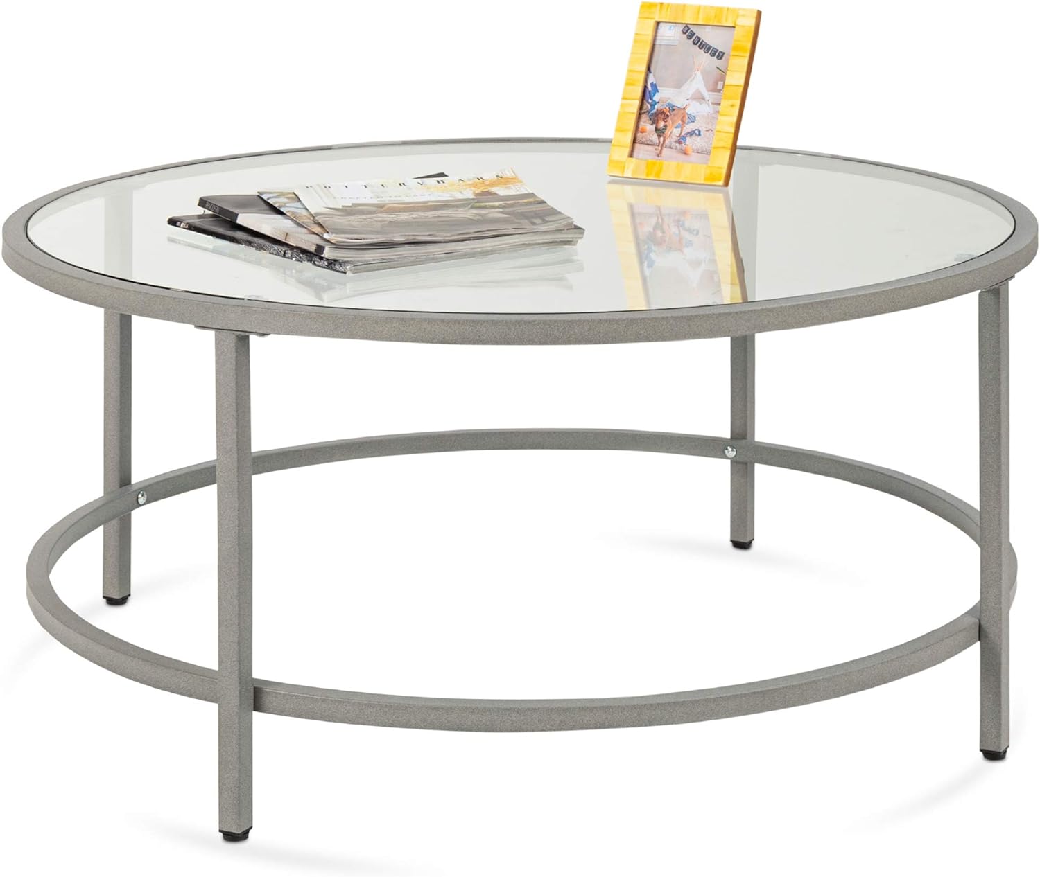 Best Choice Products 36in Modern Round Tempered Glass Accent Side Coffee Table for Living Room, Dining Room, Tea, Home Dcor w/Metal Frame, Non-Marring Foot Caps - Gray