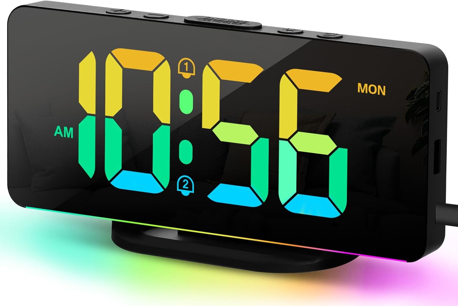 Alarm Clock for Bedroom with 10 Color Night Light, 2 USB Chargers, Dimmer, Dual Alarm, Easy to Set Desk Clock for Teens Kids Boys Girls Seniors (Black)