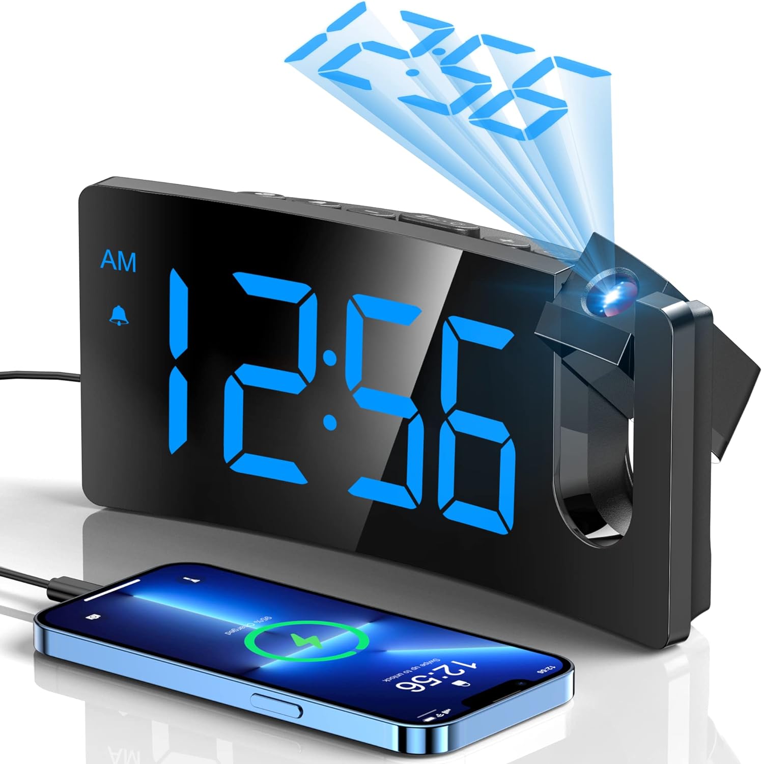 Projection Alarm Clock, Digital Clock with 180 Rotatable Projector, 3-Level Brightness Dimmer, Clear LED Display, USB Charger, Progressive Volume, 9mins Snooze,12/24H, for Bedroom