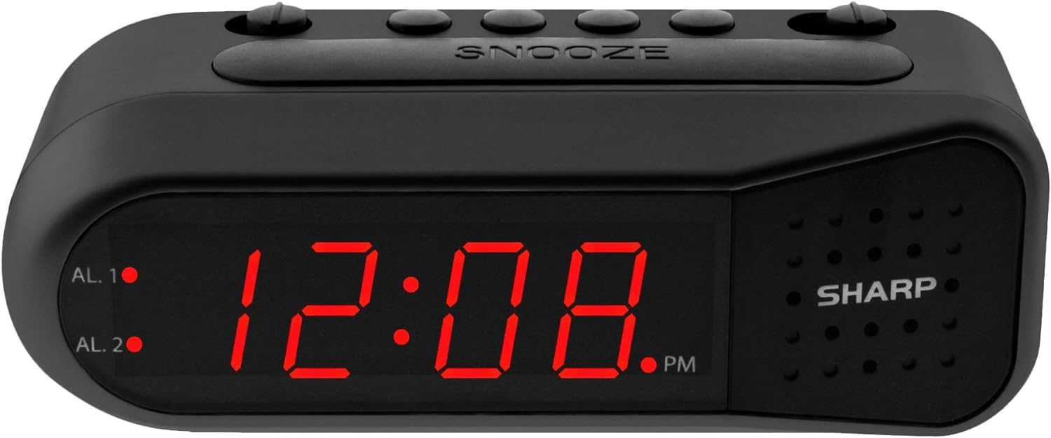 SHARP Digital Alarm Clock  Black Case with Red LEDs - Ascending Alarm Grows Increasing Louder, Gentle Wake Up Experience, Dual Alarm - Battery Back-up, Easy to Use with Simple Operation