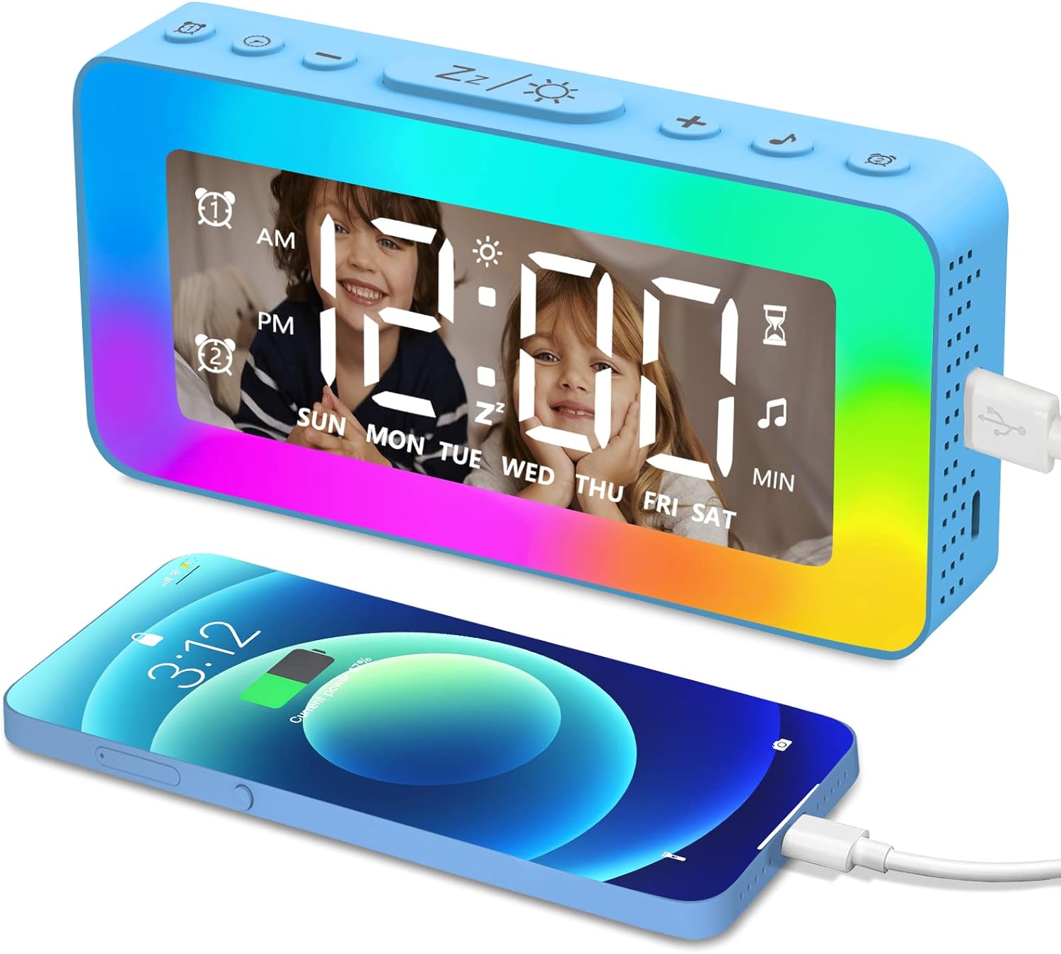 Alarm Clock for Kids,White Noise Sleep, with 8 LED Night Lights,Loud Alarm Clock for Heavy Sleepers,USB Charging Port,Weekday/Weekend Mode, Dimmer,for Bedrooms, Kid Rooms