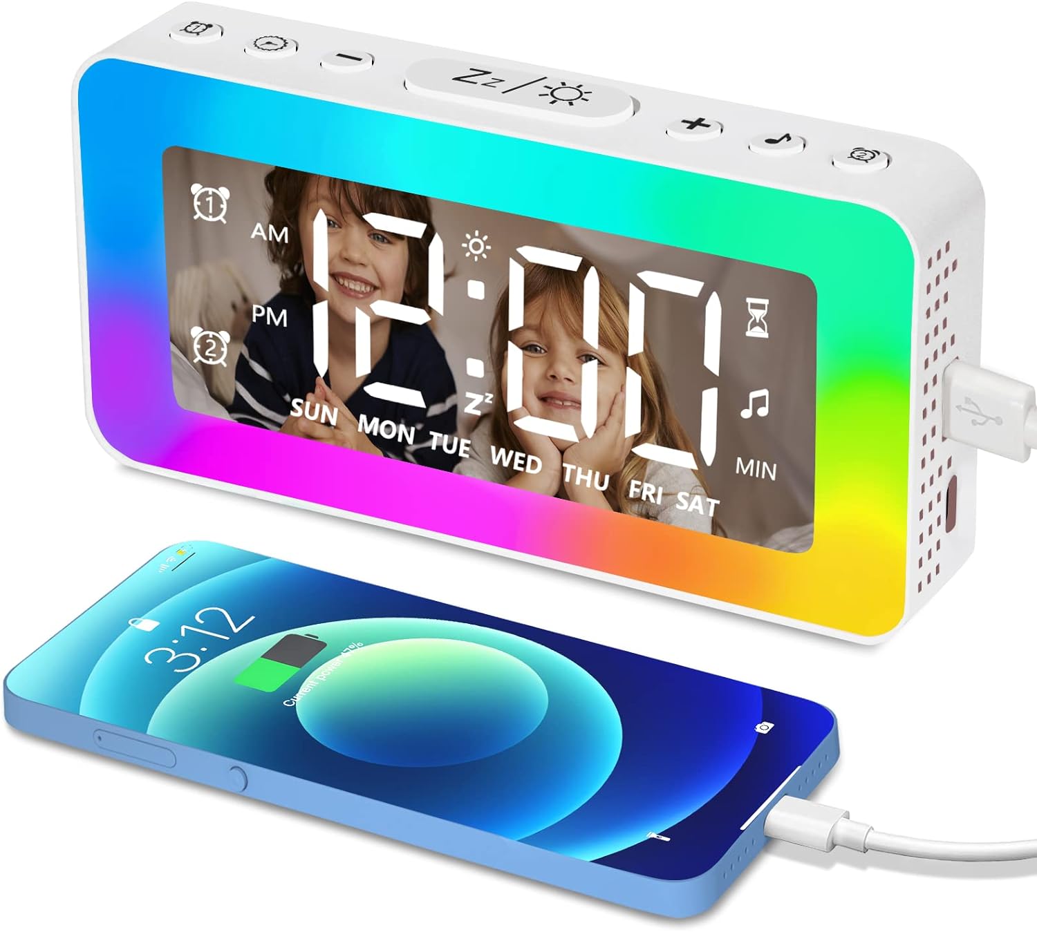 Kids Alarm Clock for bedrooms,Loud Bedside Digital Clock with 8 LED Night Lights, Dual Alarm, USB Charging Port, Weekday/Weekend Mode, White Noise Sleep, dimmer, for Heavy Sleepers