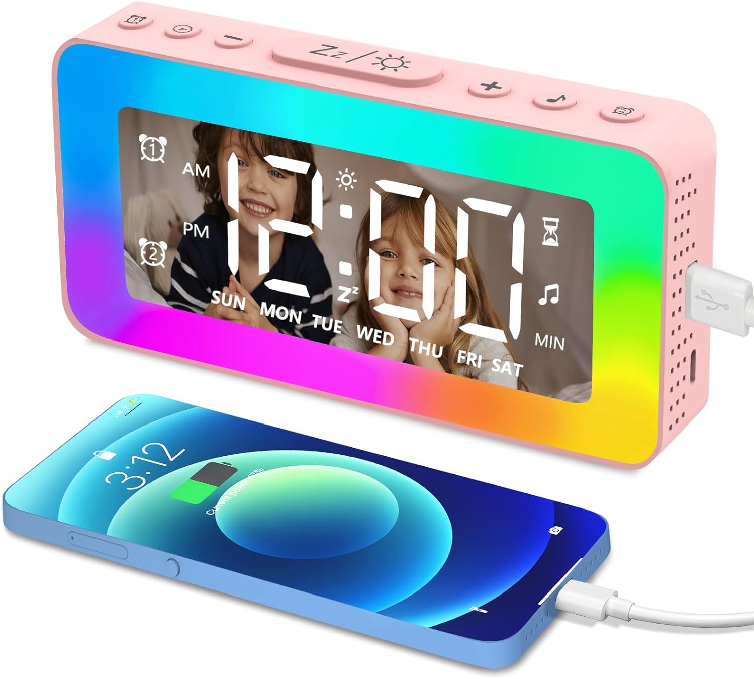 Kids Alarm Clock,White Noise Sleep Aid,Bedside Clock with 8 Mode RGB Night Light,Daily/Weekday/Weekend Mode,Dual Alarm Clock,USB Port,Dimmer,Timer,for Kids,Adults,Teenagers