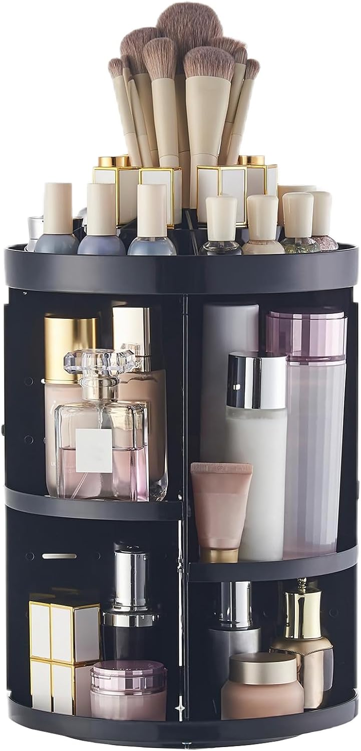 SUNFICON Black Rotating Makeup Organizer 360 Rotation Cosmetic Storage Holder Crystal Clear Acrylic Makeup Turntable Spin Display Stand Bathroom Countertop Vanity Dressing Table Gift Girl Lady Women