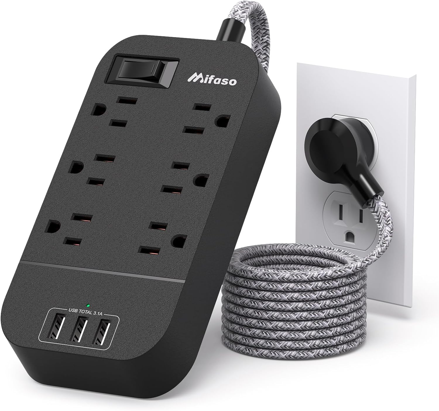 Power Strip - 10 FT Long Flat Plug Extension Cord, 6 Outlets 3 USB Ports Outlet Extender with Overload Protection, Wall Mount, Desktop Charging Station for Home, Office and Dorm Essential, Black