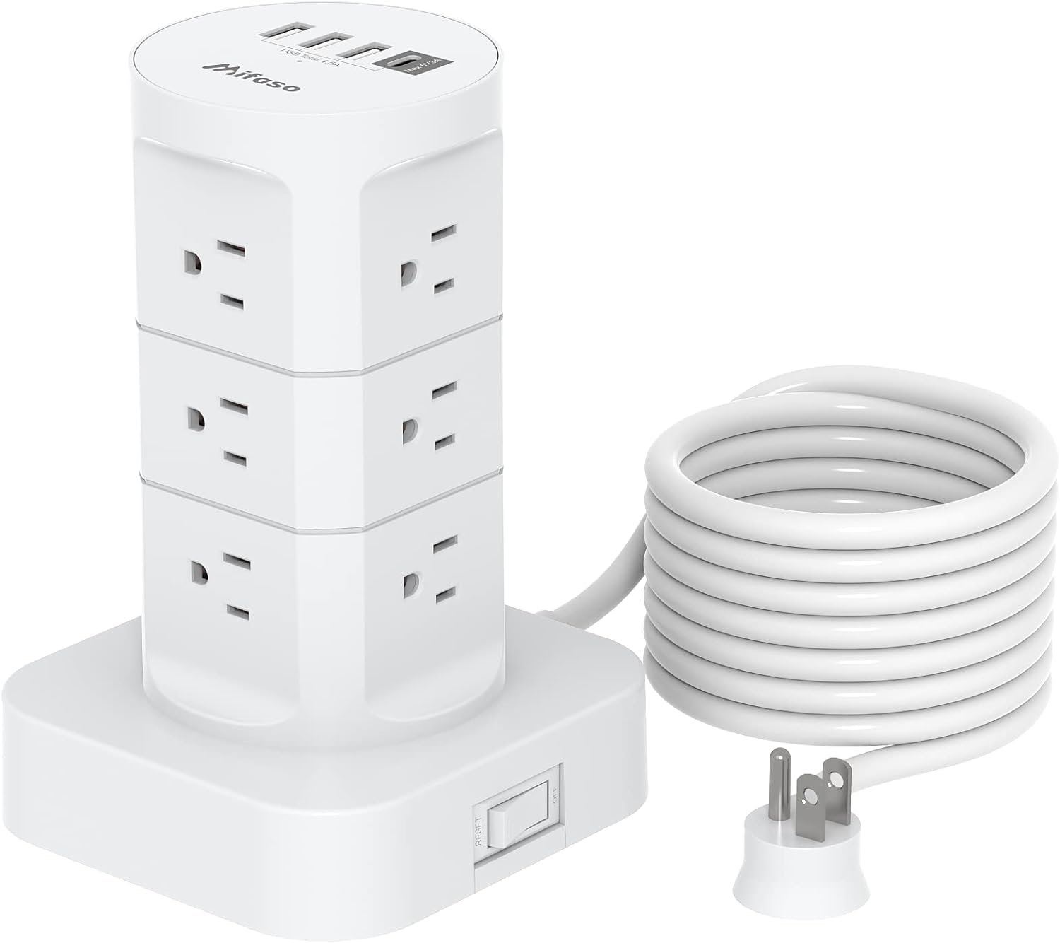 Surge Protector Power Strip Tower - 10FT Heavy Duty Extension Cord, 12 Wide Outlets with 4 USB Ports (1 USB C), Flat Plug, Charging Tower Overload Protection for Home Office
